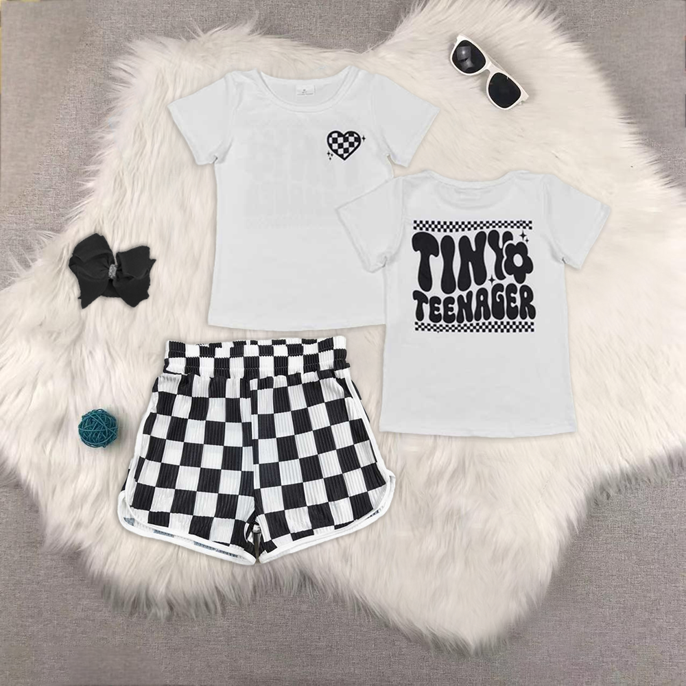 tiny teenager heart white short sleeve black checkered shorts girls set