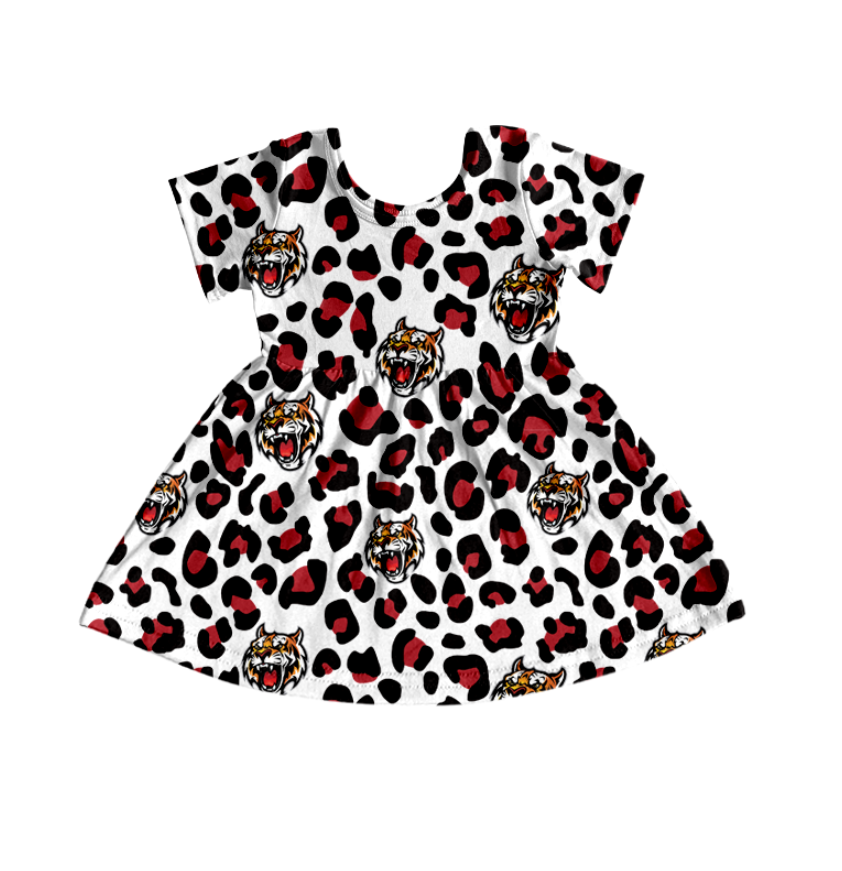 Custom Moq 3 football team tigers red leopard short sleeve girls dress