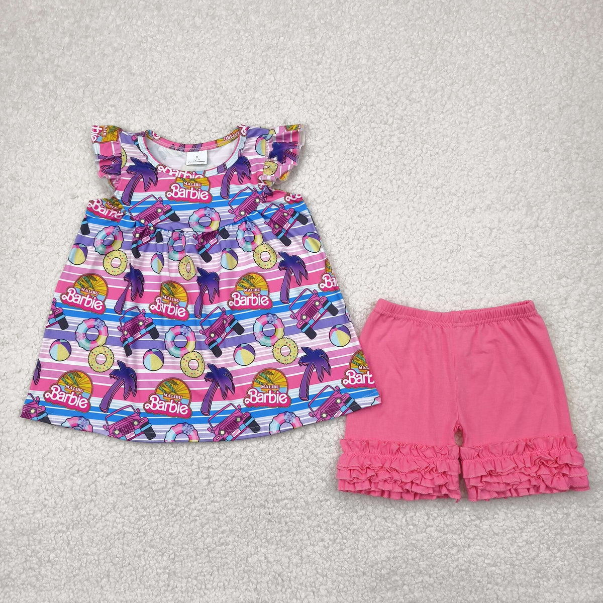 GSSO2362 cartoon BA count car flutter sleeve pink shorts girls set