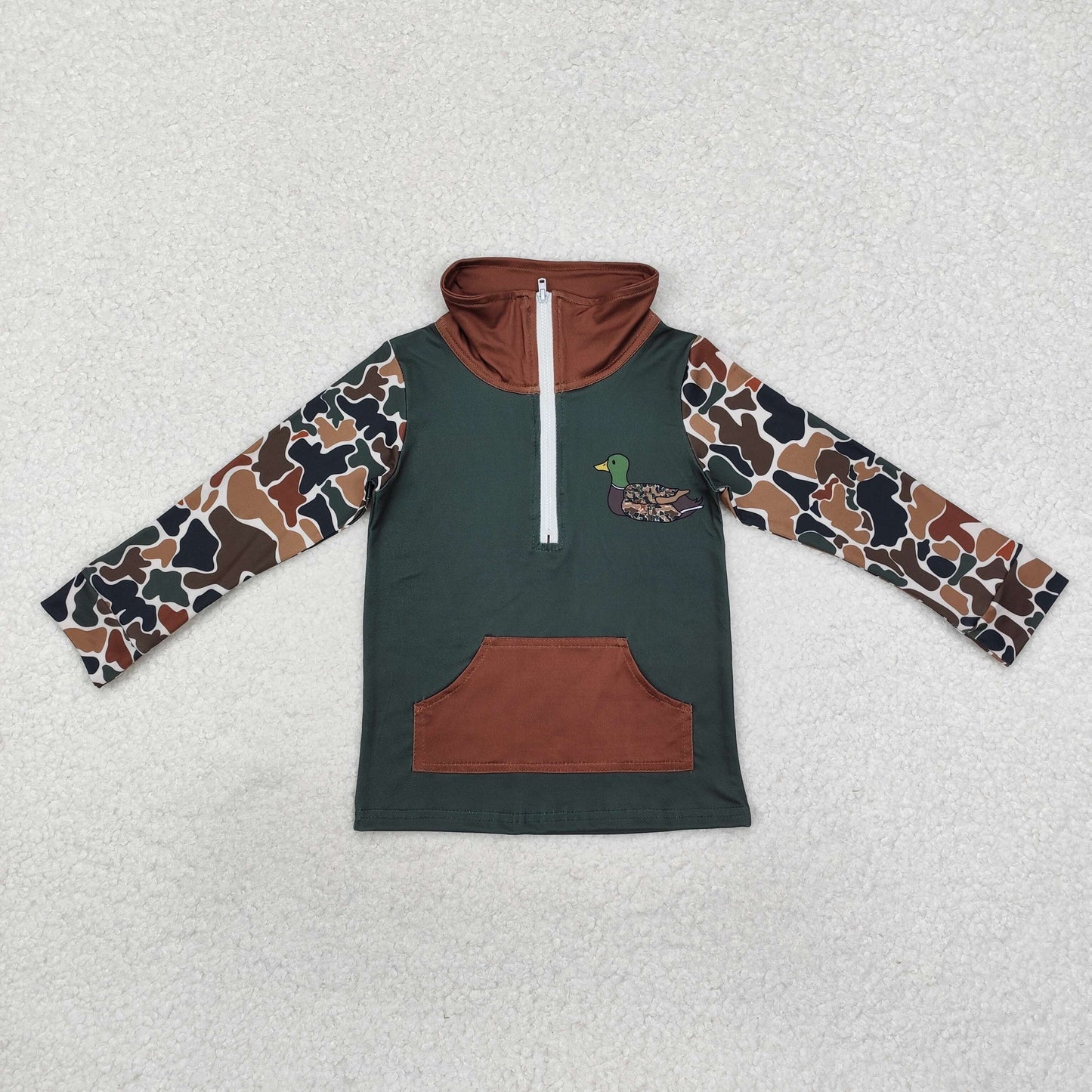 BT0927 cute camo mallard duck dark blue pocket zipper long sleeve boys pullover