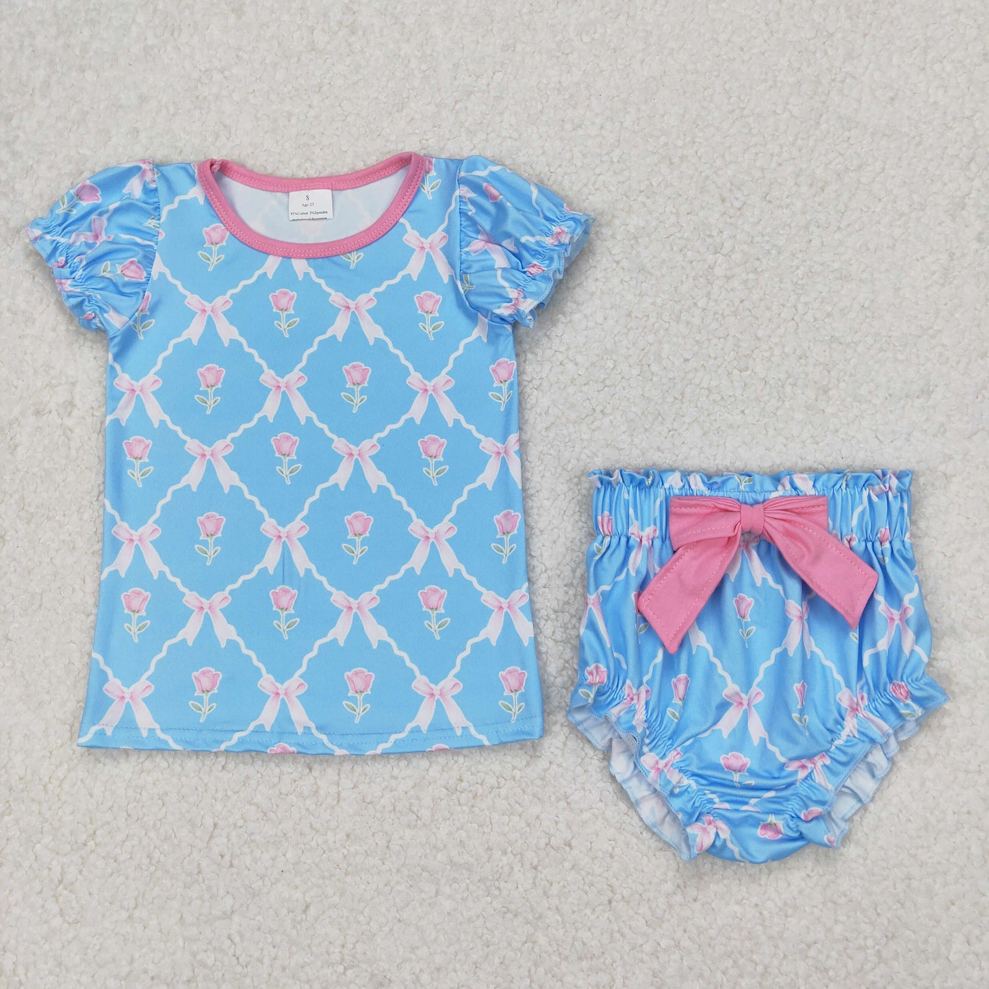 GBO0461 pink flowers bows blue short sleeve girls bummies set