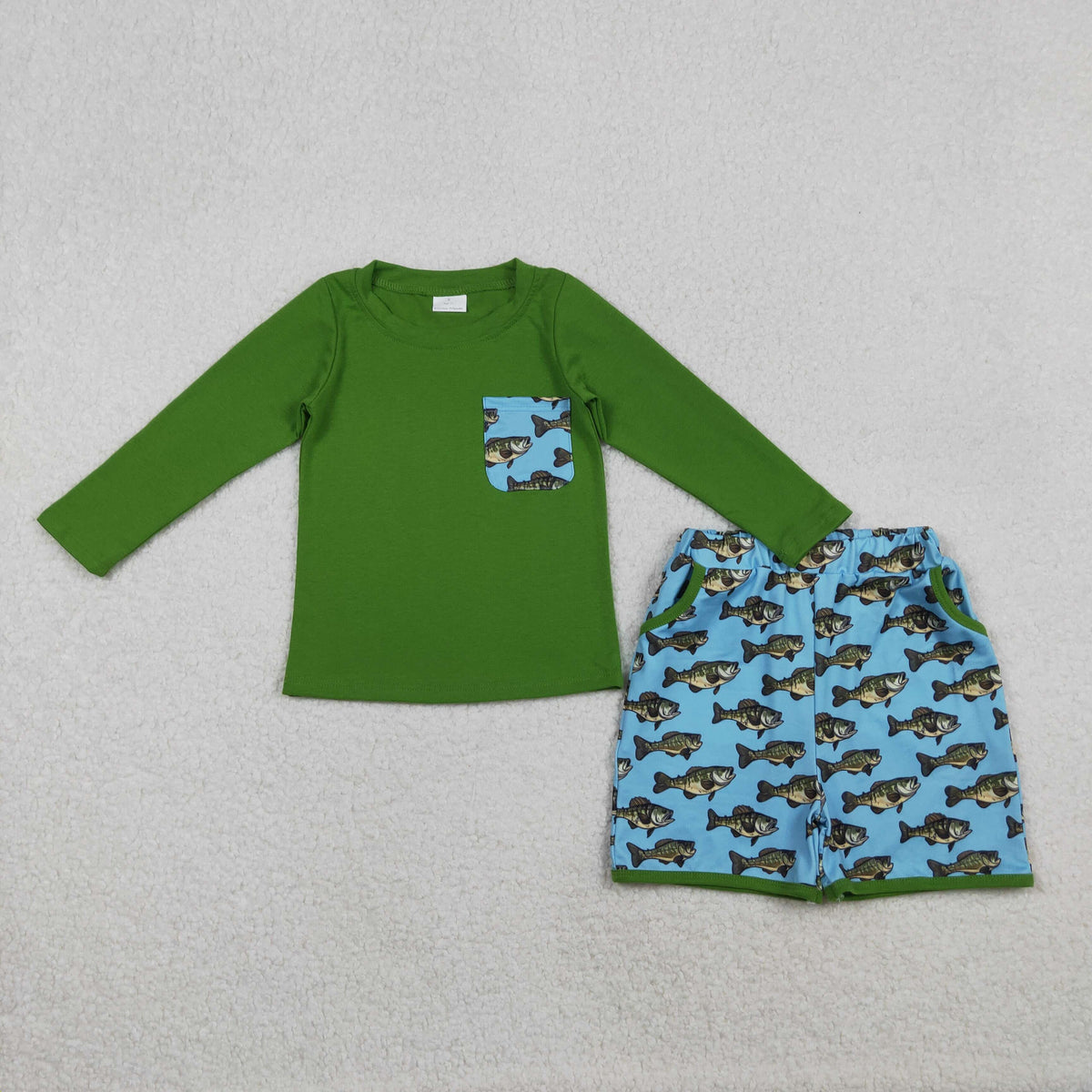 BLS0010 cute fish pocket green long sleeve short boys set