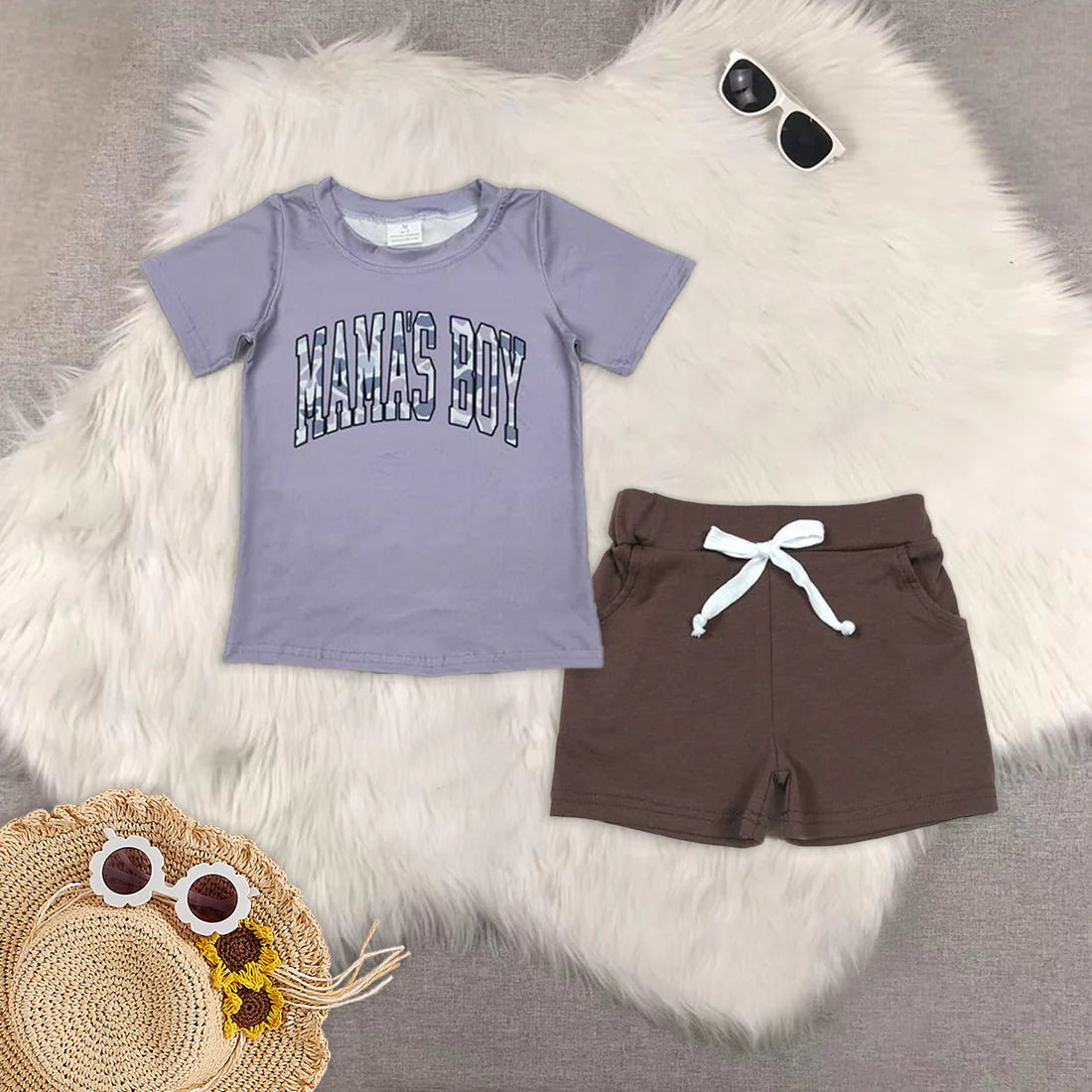 mama's boy grey short sleeve brown shorts boys set BT1187+SS0134