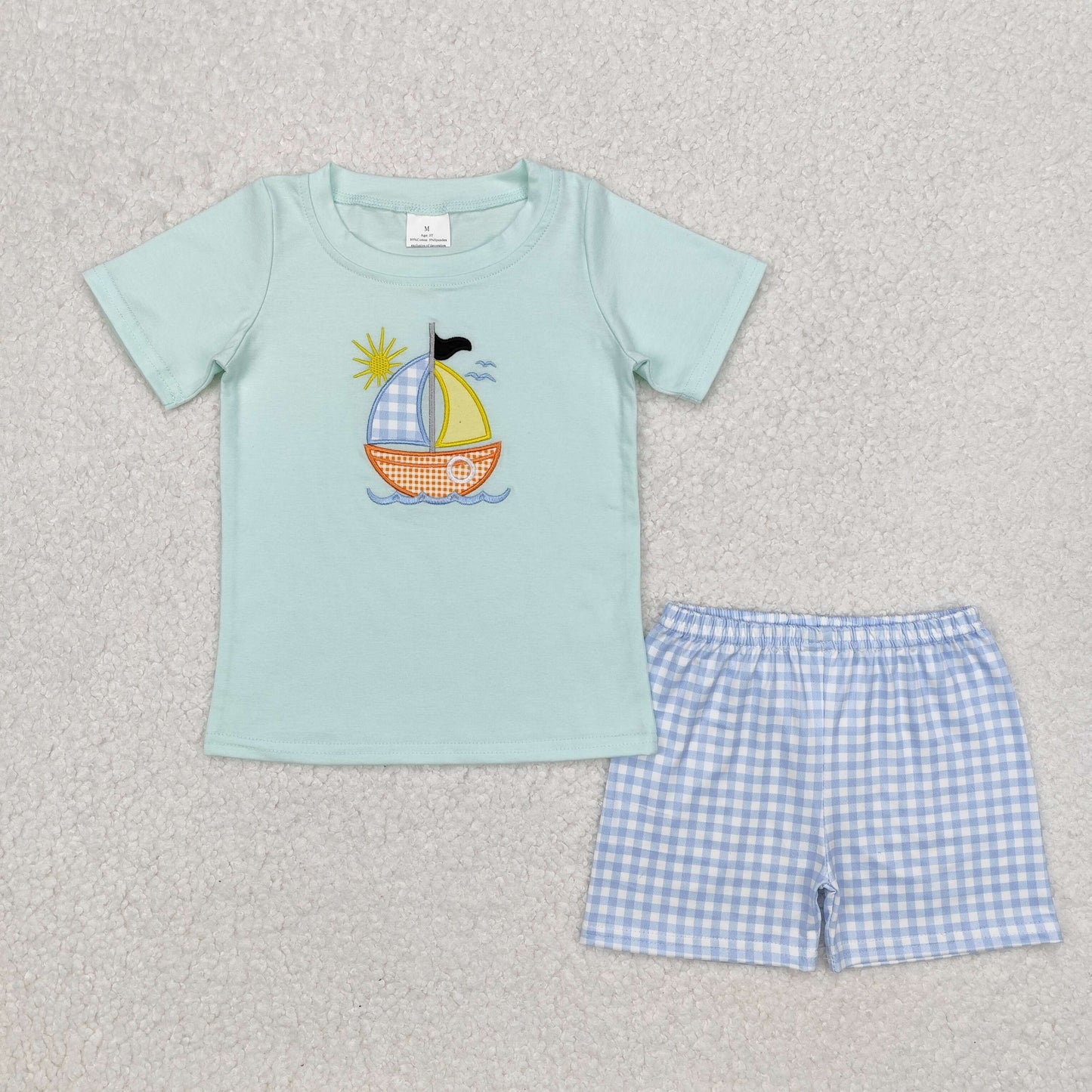 embroidery BSSO1048 cartoon sailboat boat short sleeve blue checkered shorts boys set