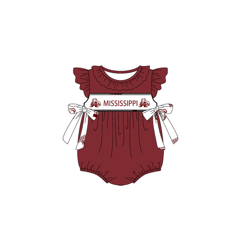 Custom Moq 3 Football Team Mississippi Maroon Flutter Sleeve Bows Girls Romper
