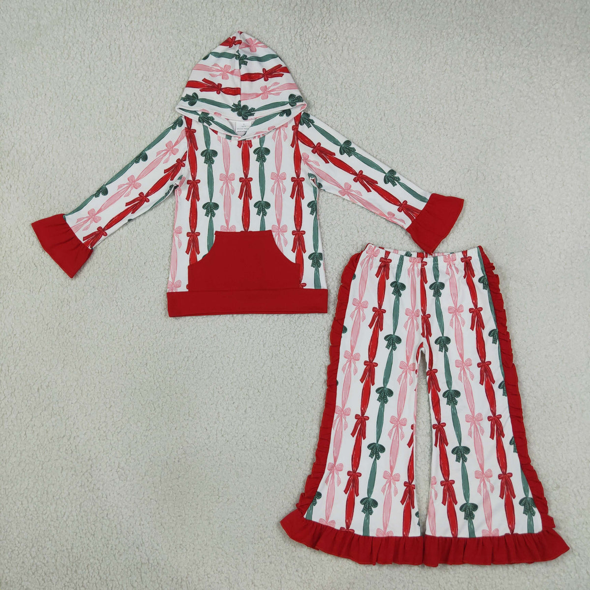 GLP3497 Christmas Green Red Bows Pocket Hoodie Long Sleeve Pants Girls Set