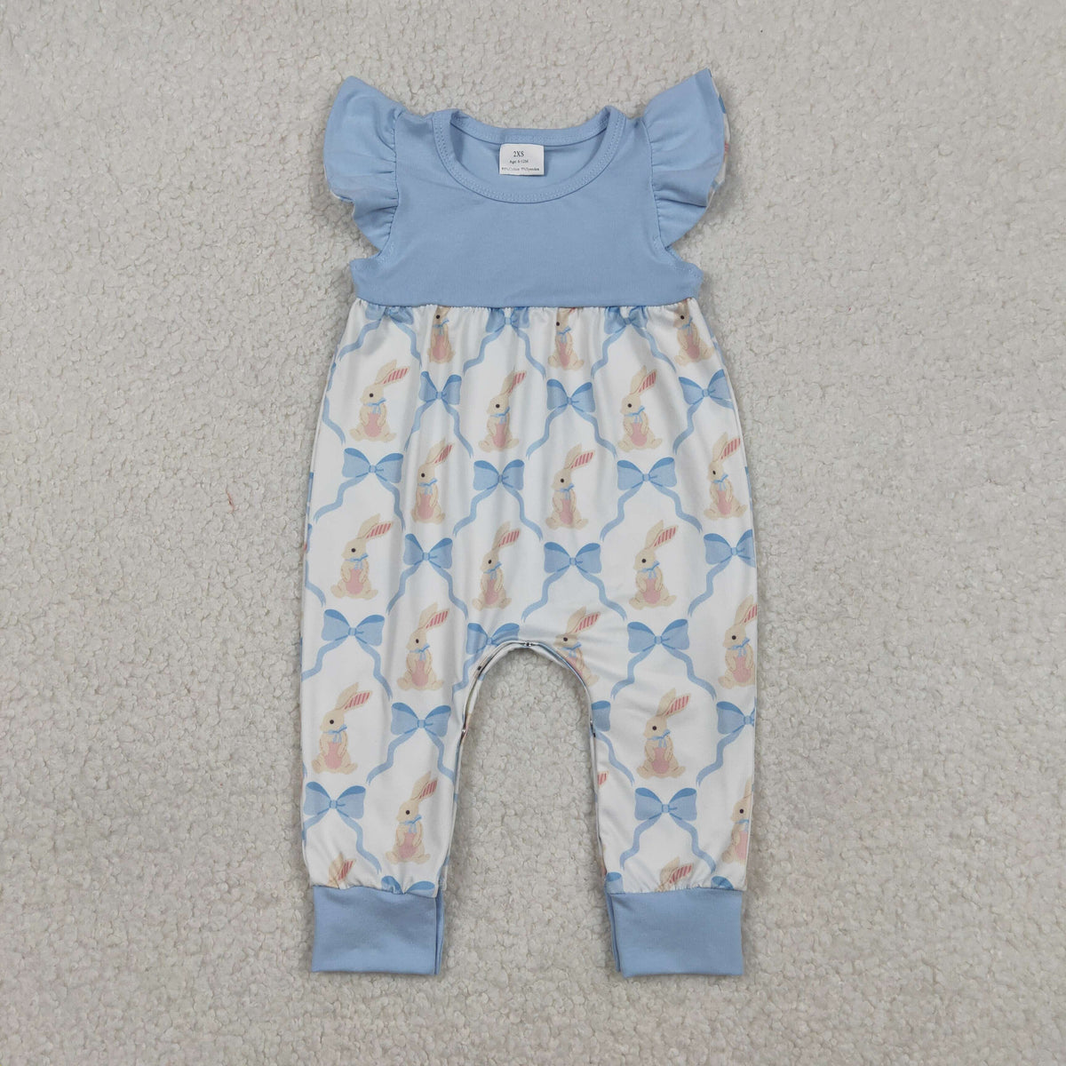 SR3806 Easter Bunny Blue Bows Flutter Sleeve Girls Romper