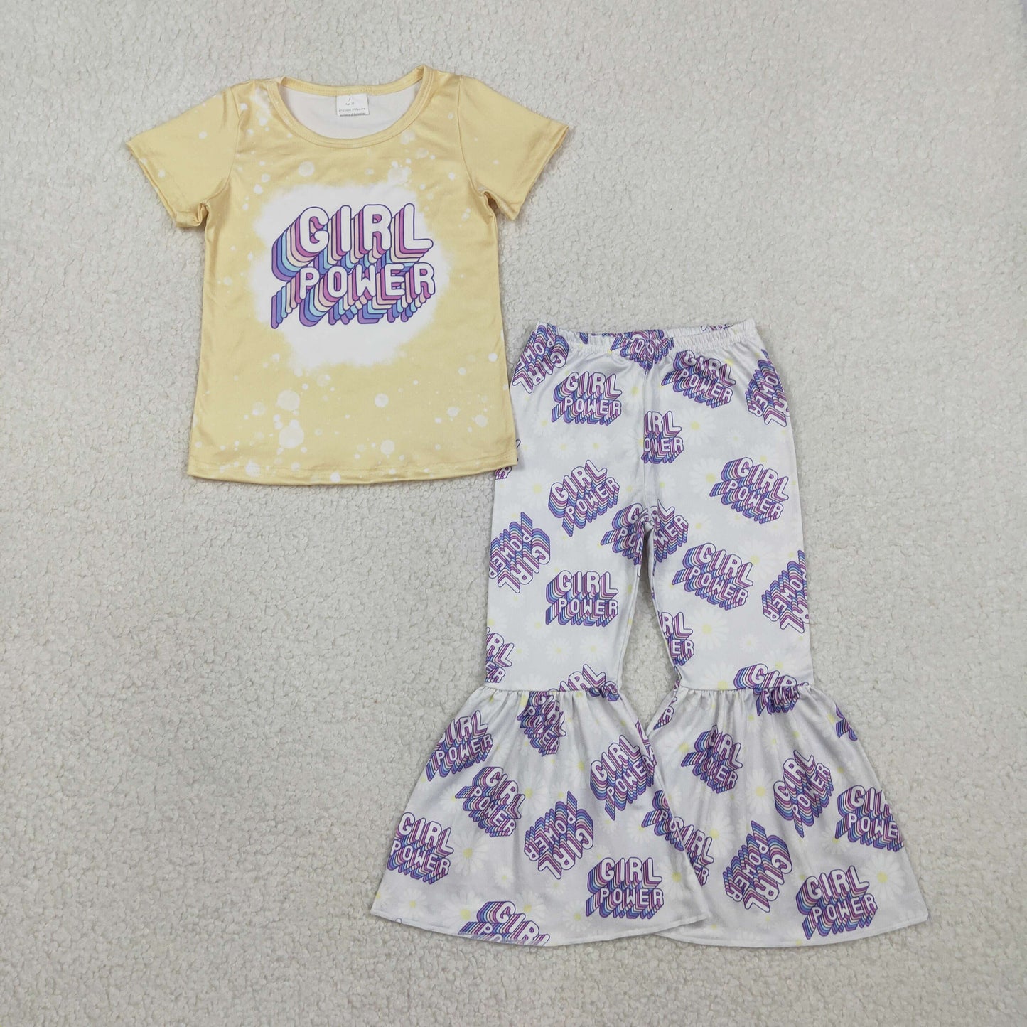 GSPO1092 Girl power yellow short sleeve purple pants girls set