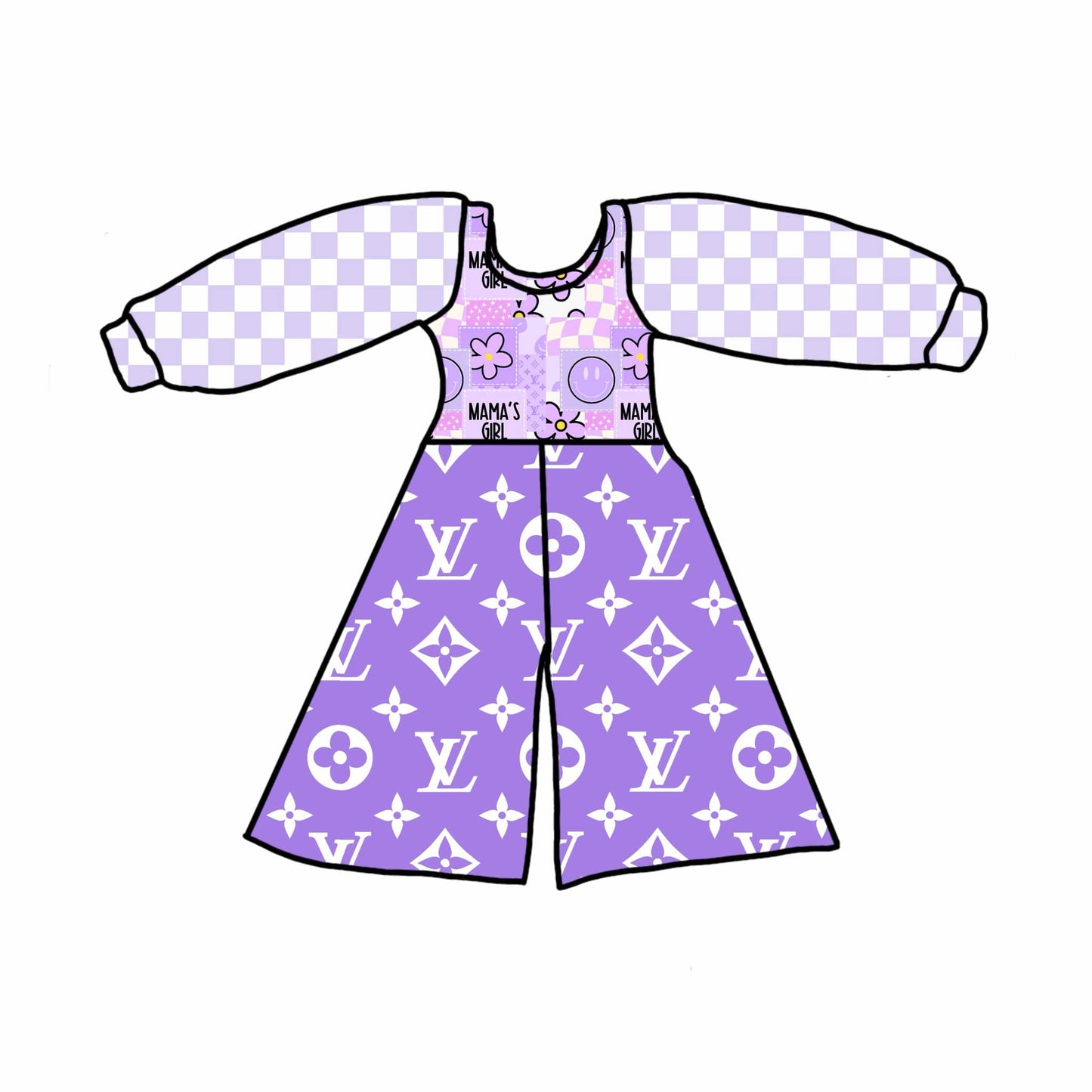 custom mama's girl purple flowers checkered long sleeve girls jumpsuits