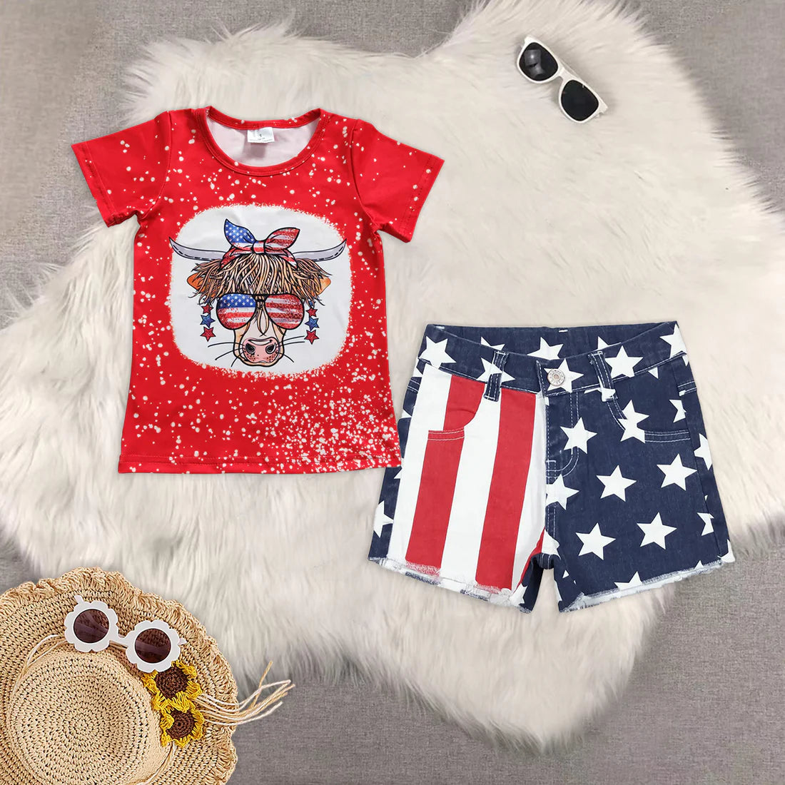 Western July 4th cow red short sleeve star striped denim shorts girls set GT0114+NC0003