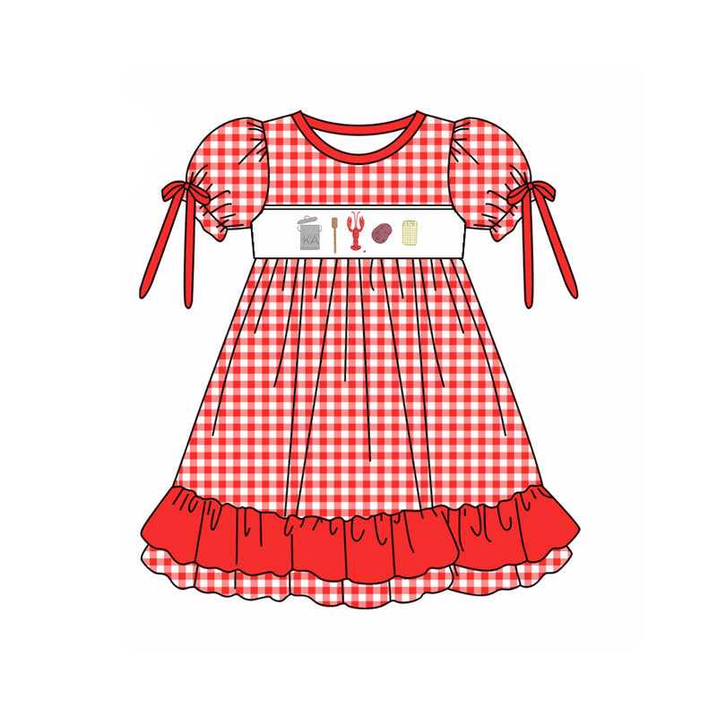 custom moq 3 Crayfish Corn Red Checkered Bow Short Sleeve Girls Dress