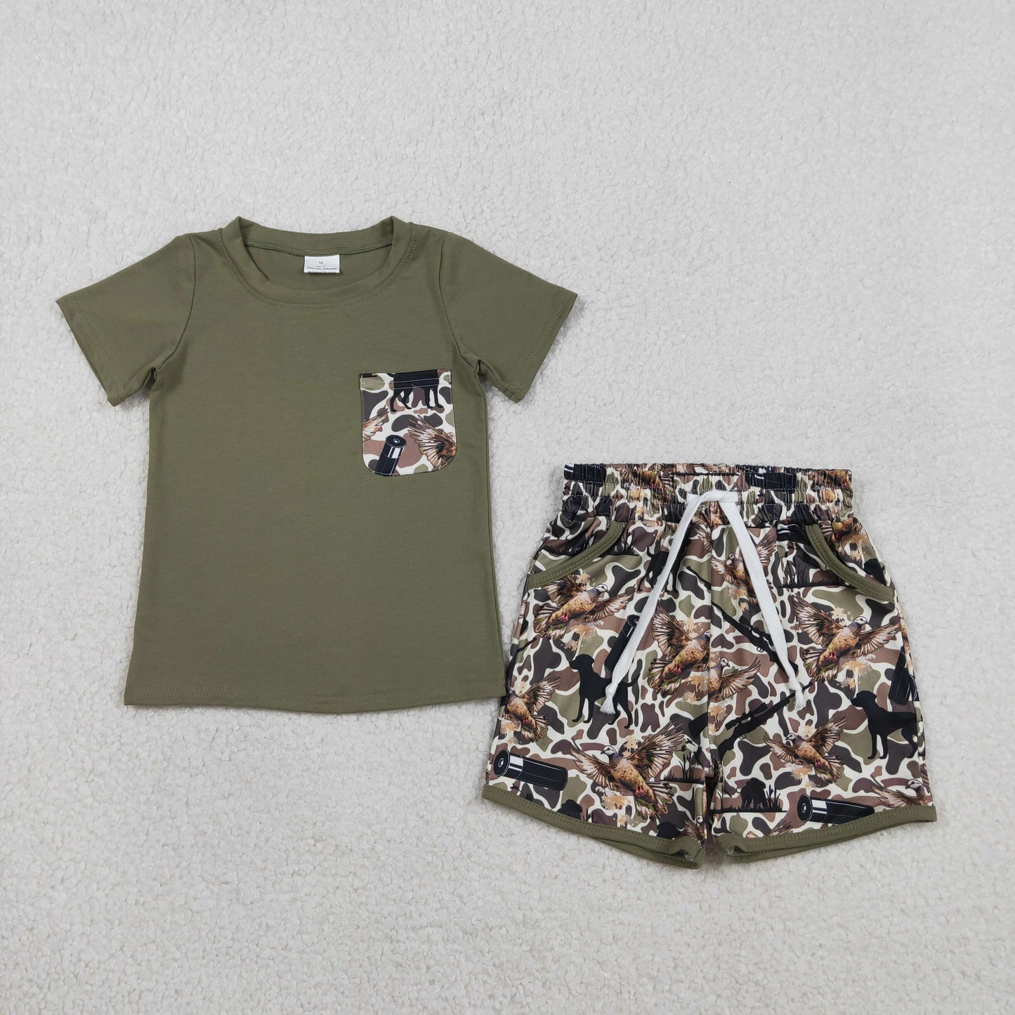 BSSO1847 Hunting Camo Mallard Pocket Short Sleeve Shorts Boys Set