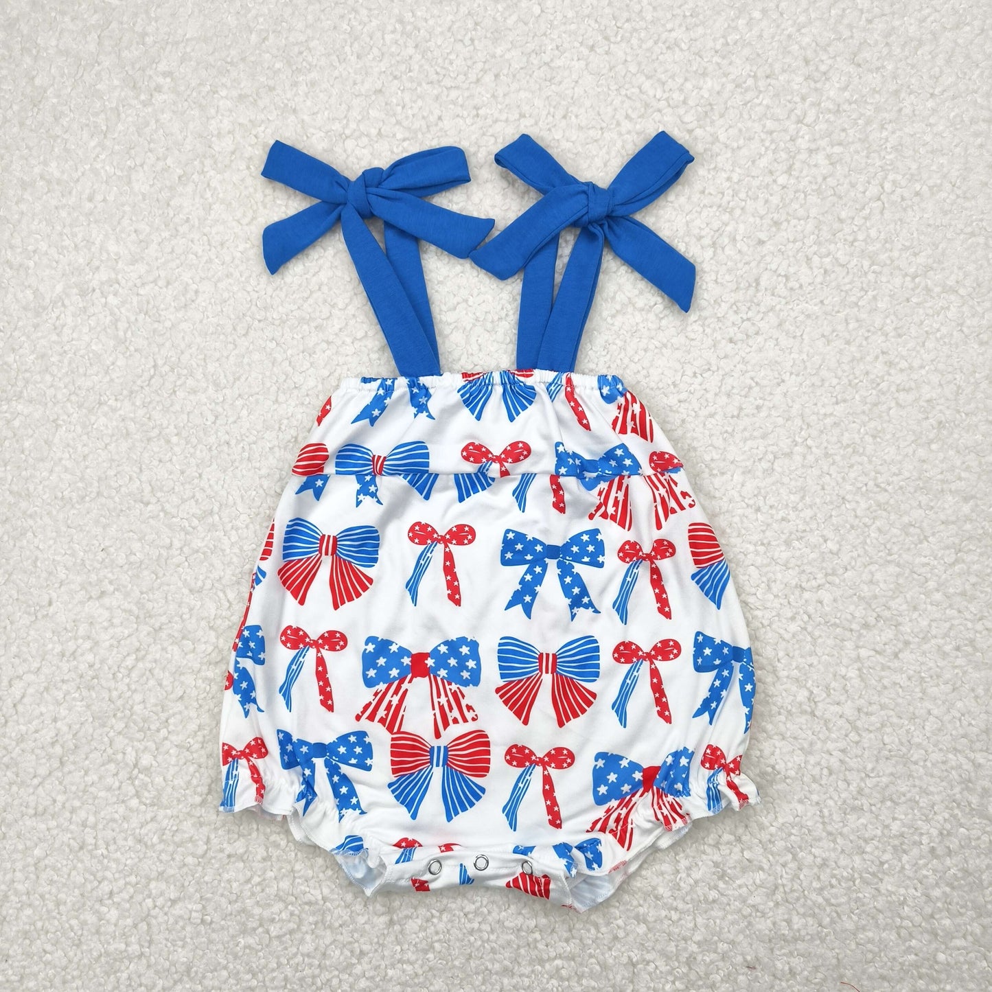 SR2902 July 4th red blue bows girls romper