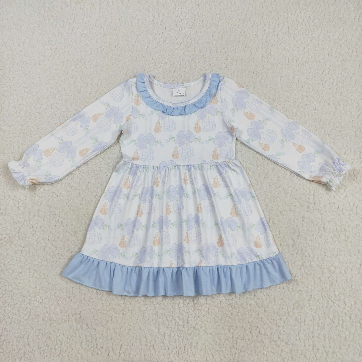 GLD1129 Autumn pumpkin blue bows long sleeve girls dress