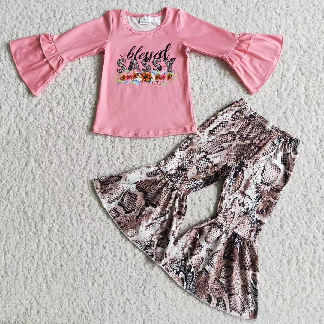 6 C6-19 Sassy Pink Floers Long Sleeve Snake Skin Pants Girls Set