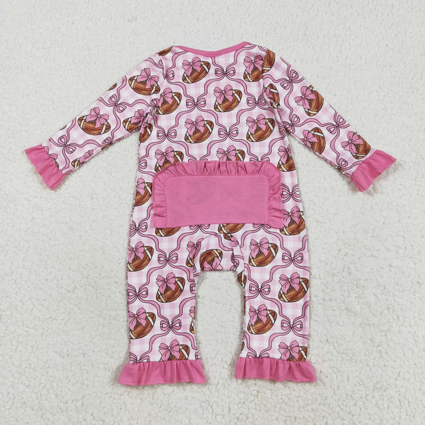 LR2361 football bows pink checkered long sleeve girls romper