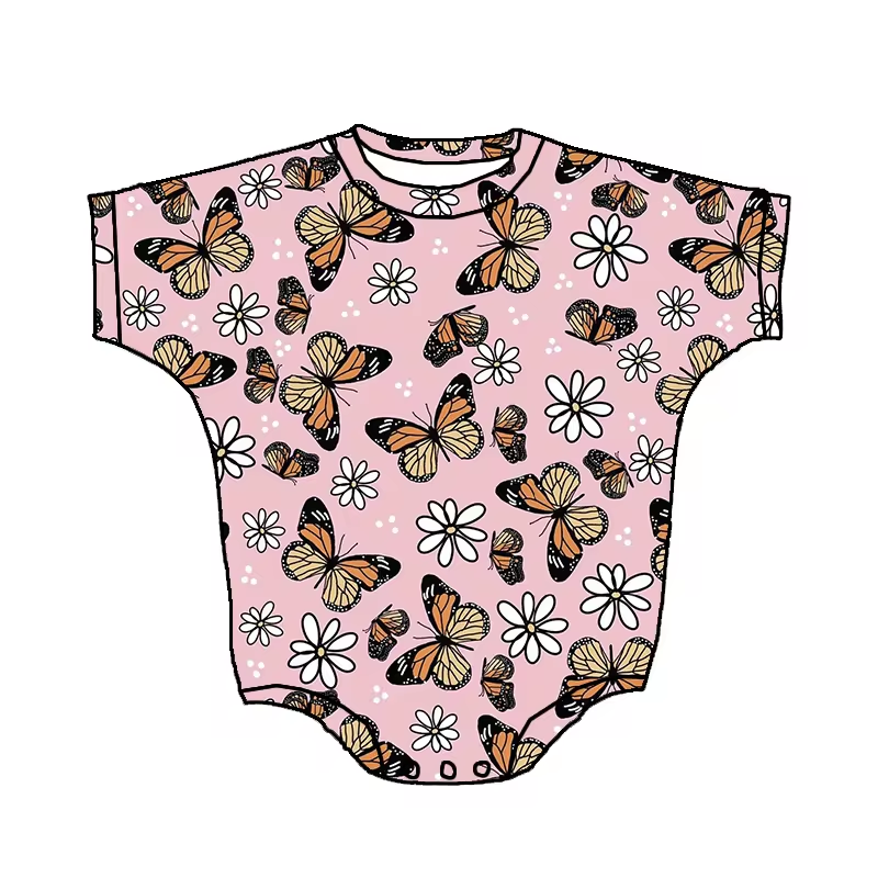 Custom cute flowers butterfly pink short sleeve girls romper