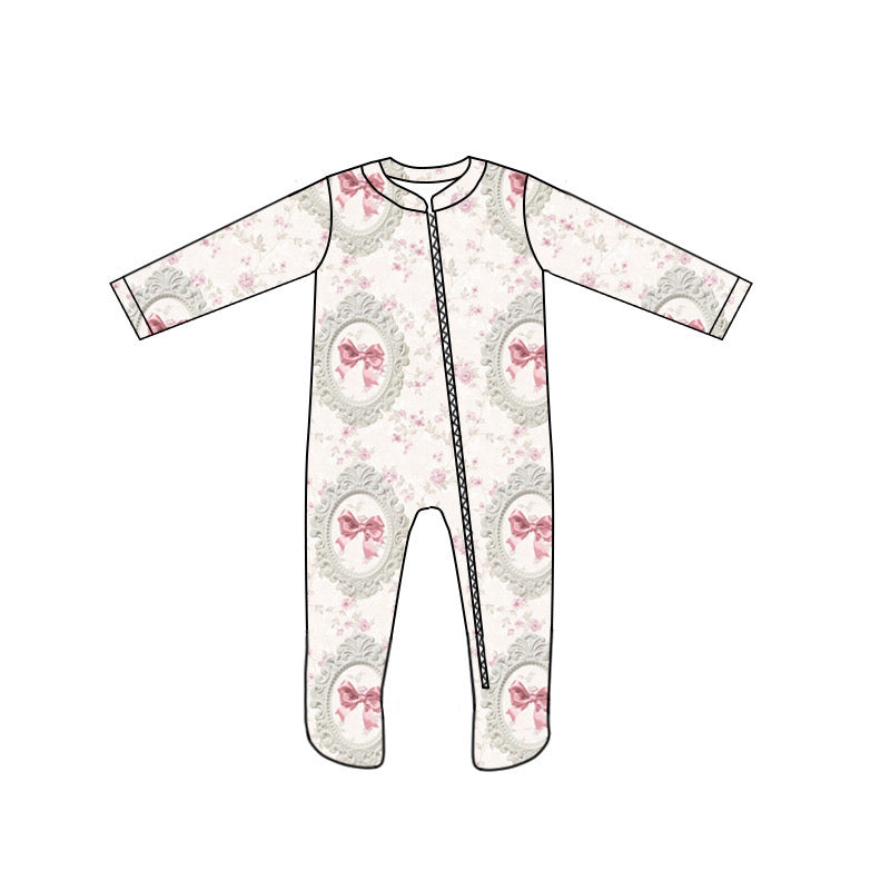 custom style pink bows 1 long sleeve zipper girls romper
