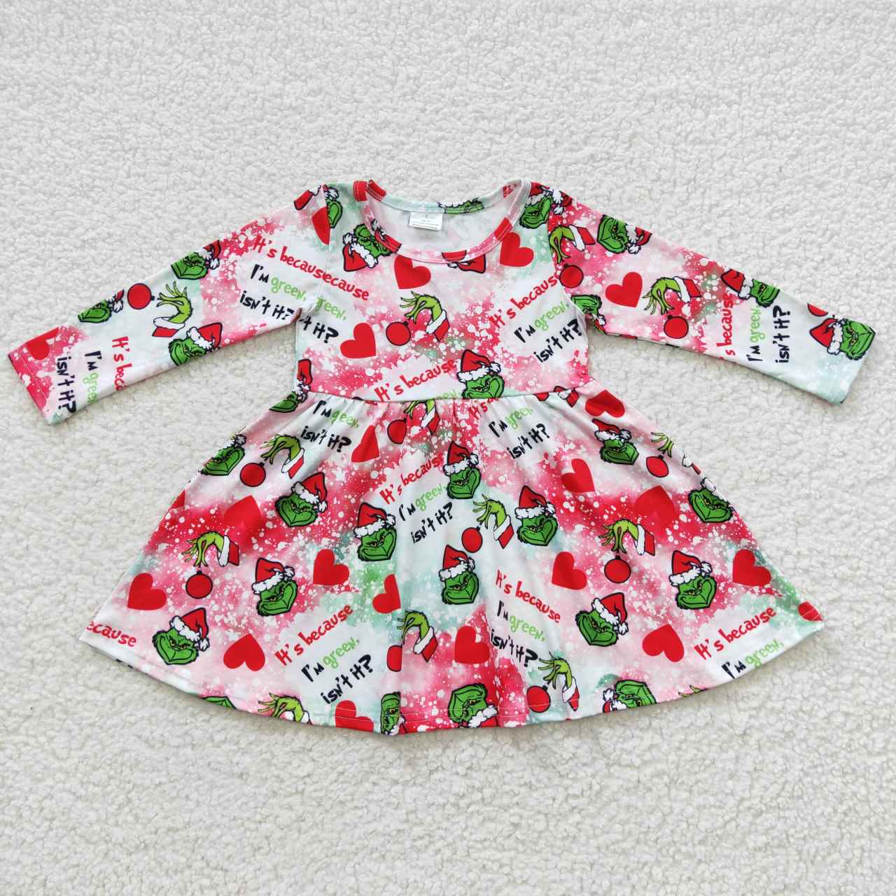 GLD0257 Christmas Green Face Red Long Sleeve Girls Dress