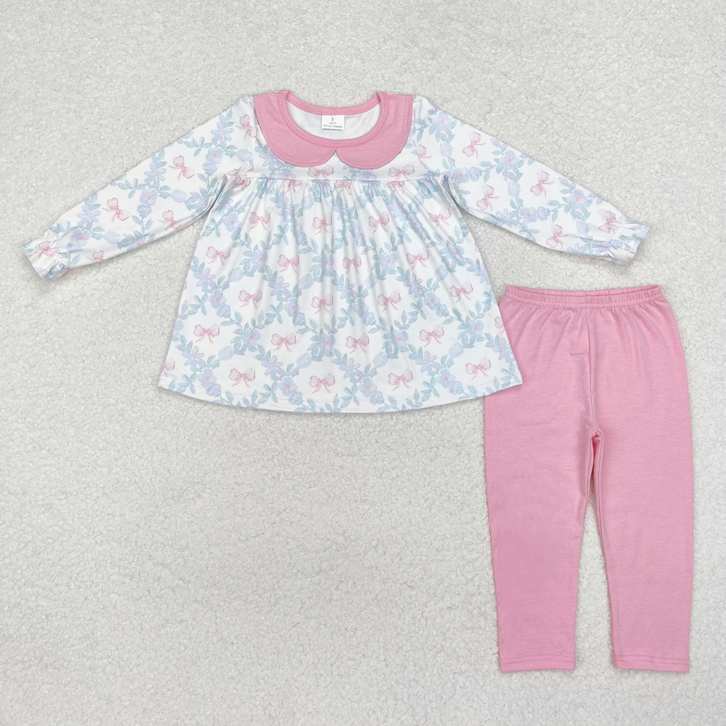 GLP1876 pink bows blue flowers long sleeve pink pants girls set