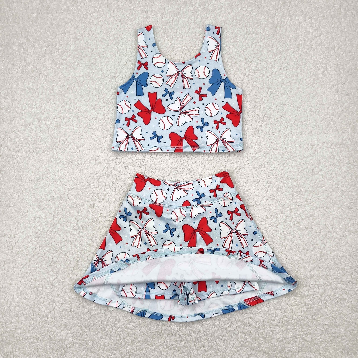 GSD2151 yoga July 4th red blue bows sleeveless skirt with shorts girls set