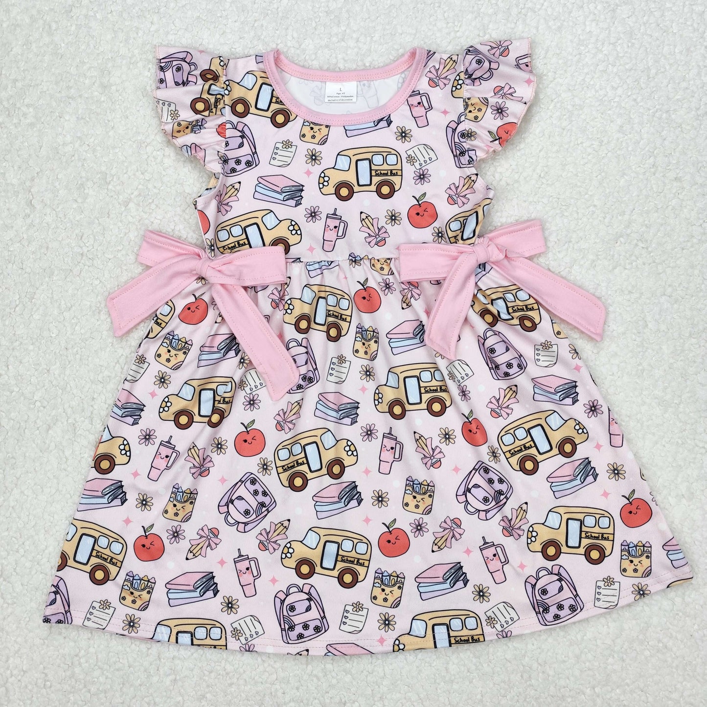 GSD1819 back to school pen bus apple pink bows flutter sleeve girls dress