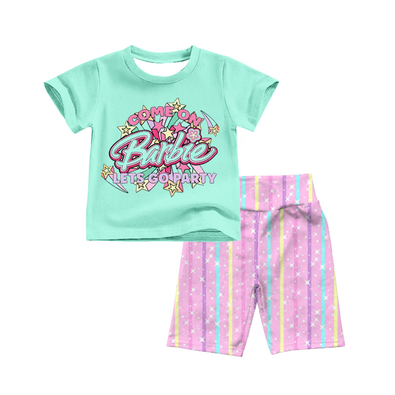 preorder GSSO0392 BA cartoon star green short sleeve colorful striped pink shorts girls set