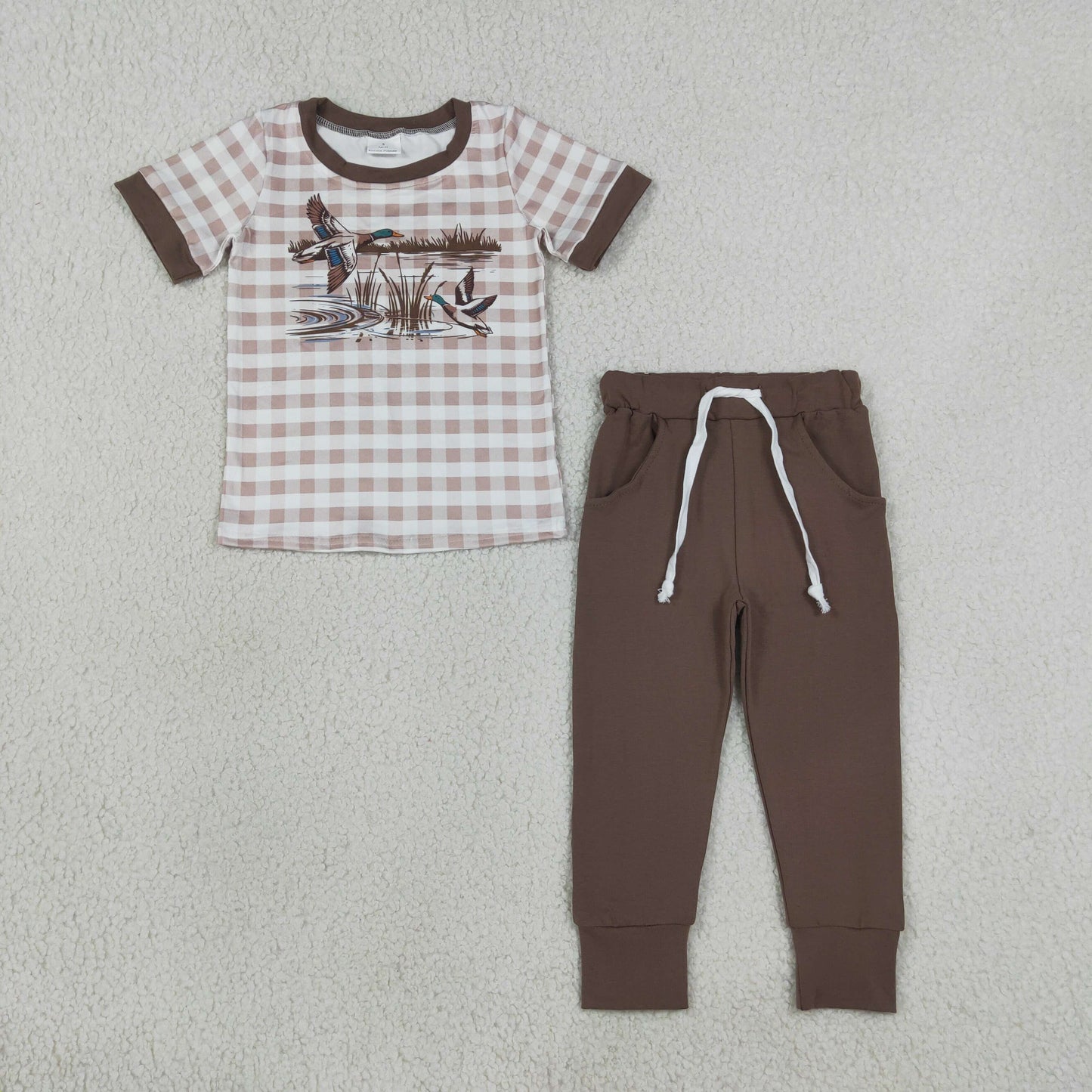 BSPO0689 Hunting Mallard Duck Checkered Short Sleeve Pants Boys Set