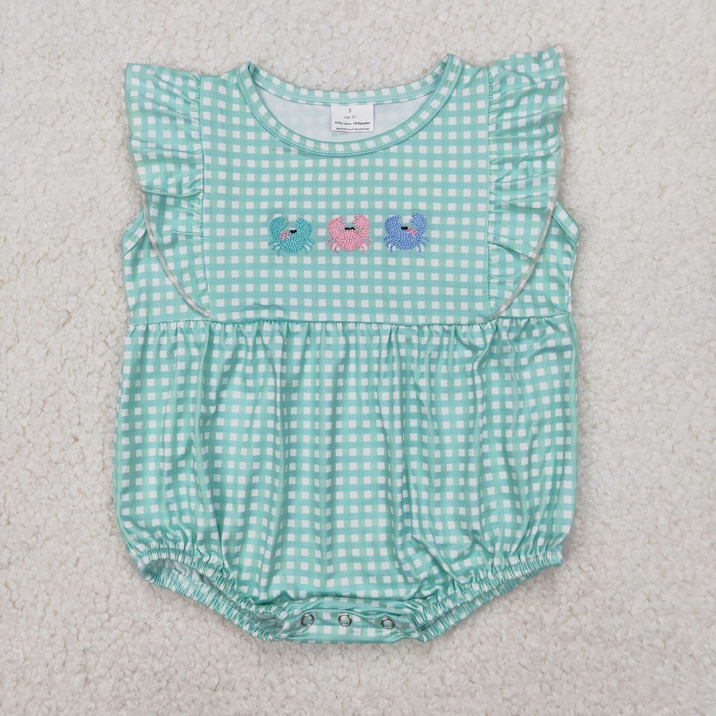 embroidery SR2659 cute crab green checkered flutter sleeve girls romper