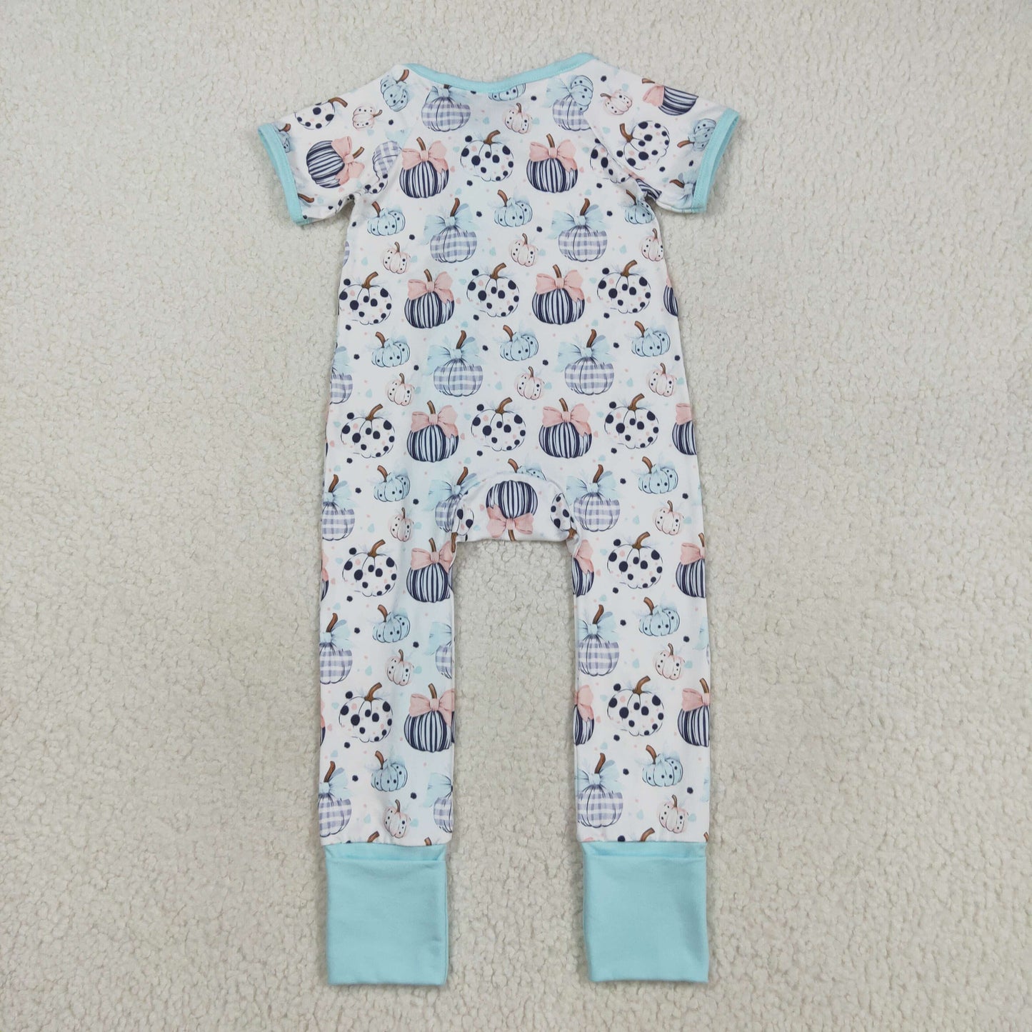 SR3109 Autumn pumokin bows short sleeve zipper girls romper