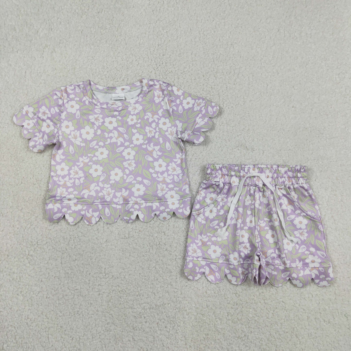 GSSO3265 Scallop Flowers Purple Short Sleeve Shorts Girls Set