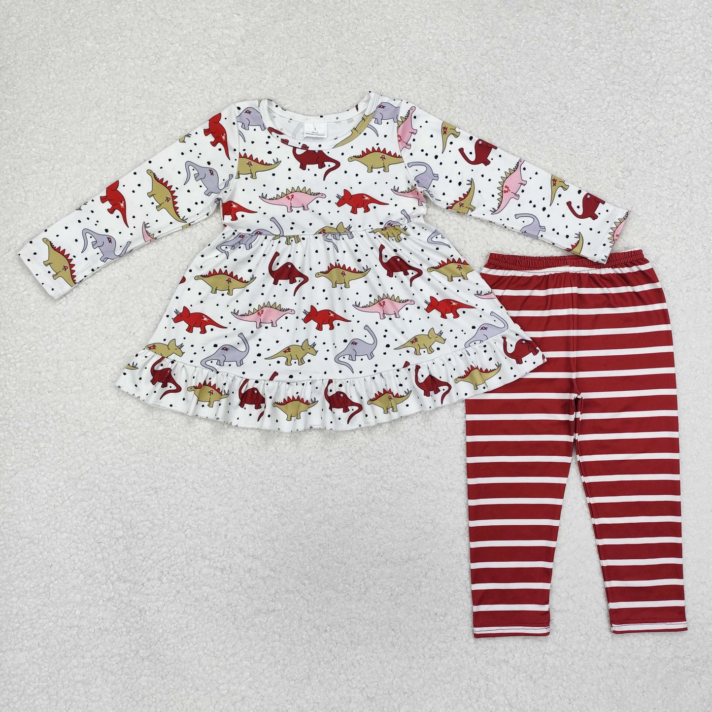 Custom moq 20 bamboo cute dinosaur cartoon long sleeve brown striped pants girls set