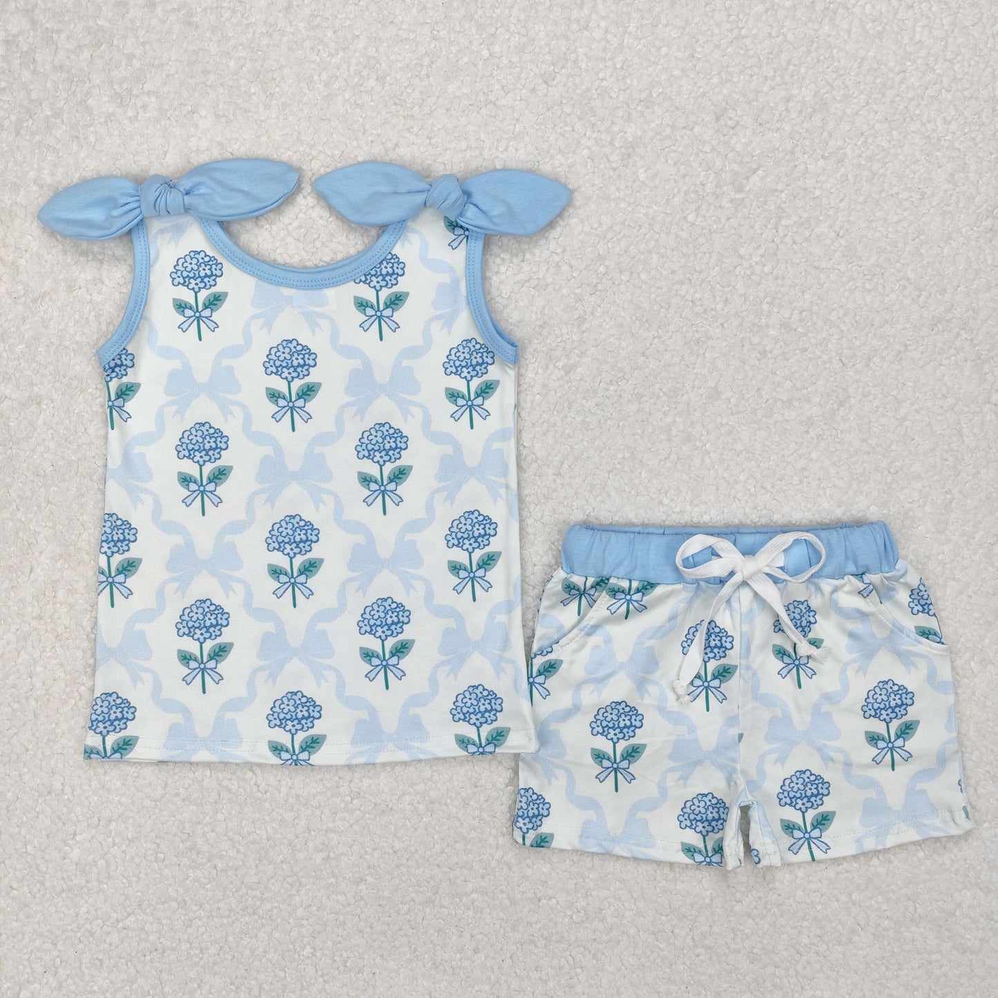 GSSO2079 blue bows flowers vest t-shirt shorts girls set