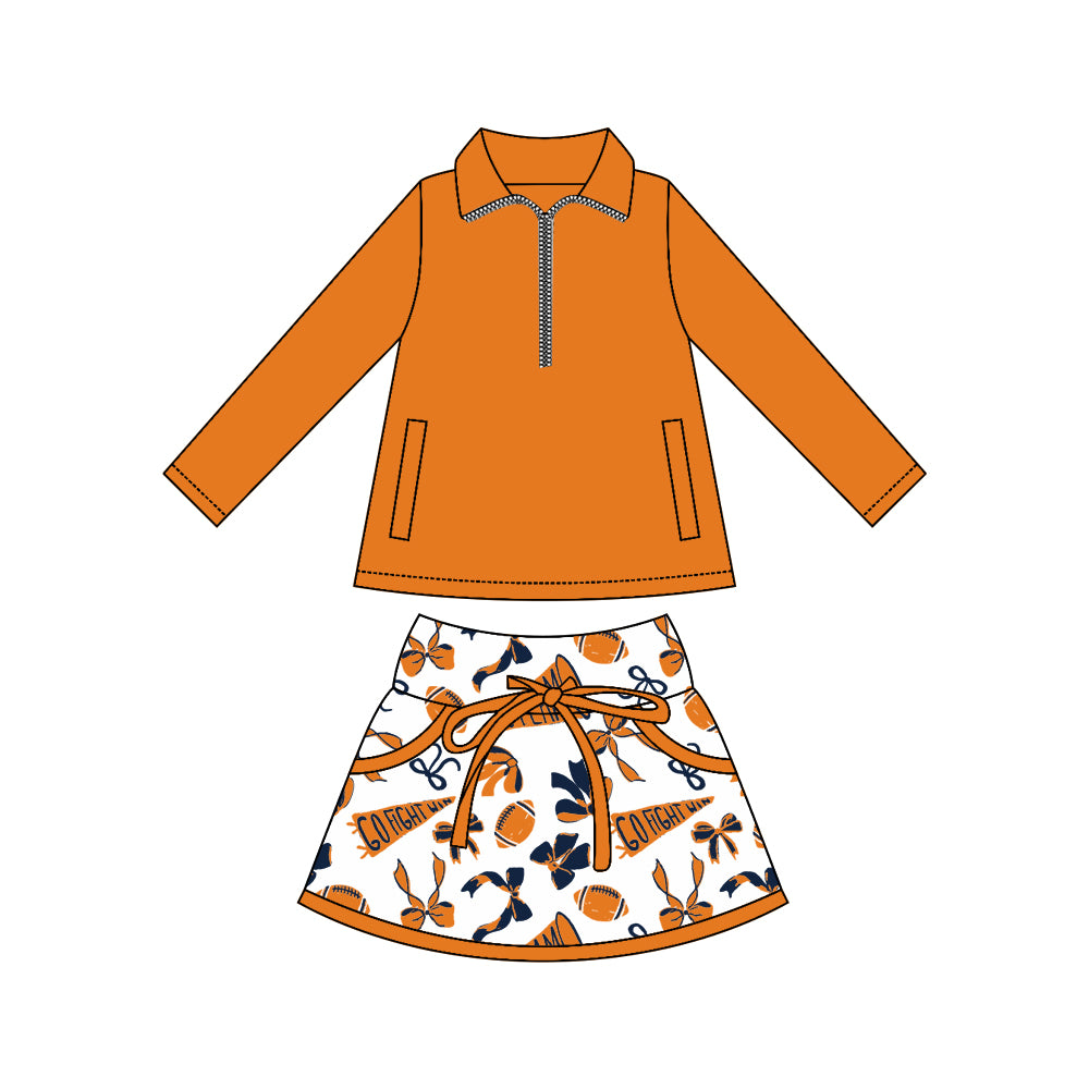 custom moq 3 football item yoga orange zipper long sleeve cheer bows skorts skirt girls set