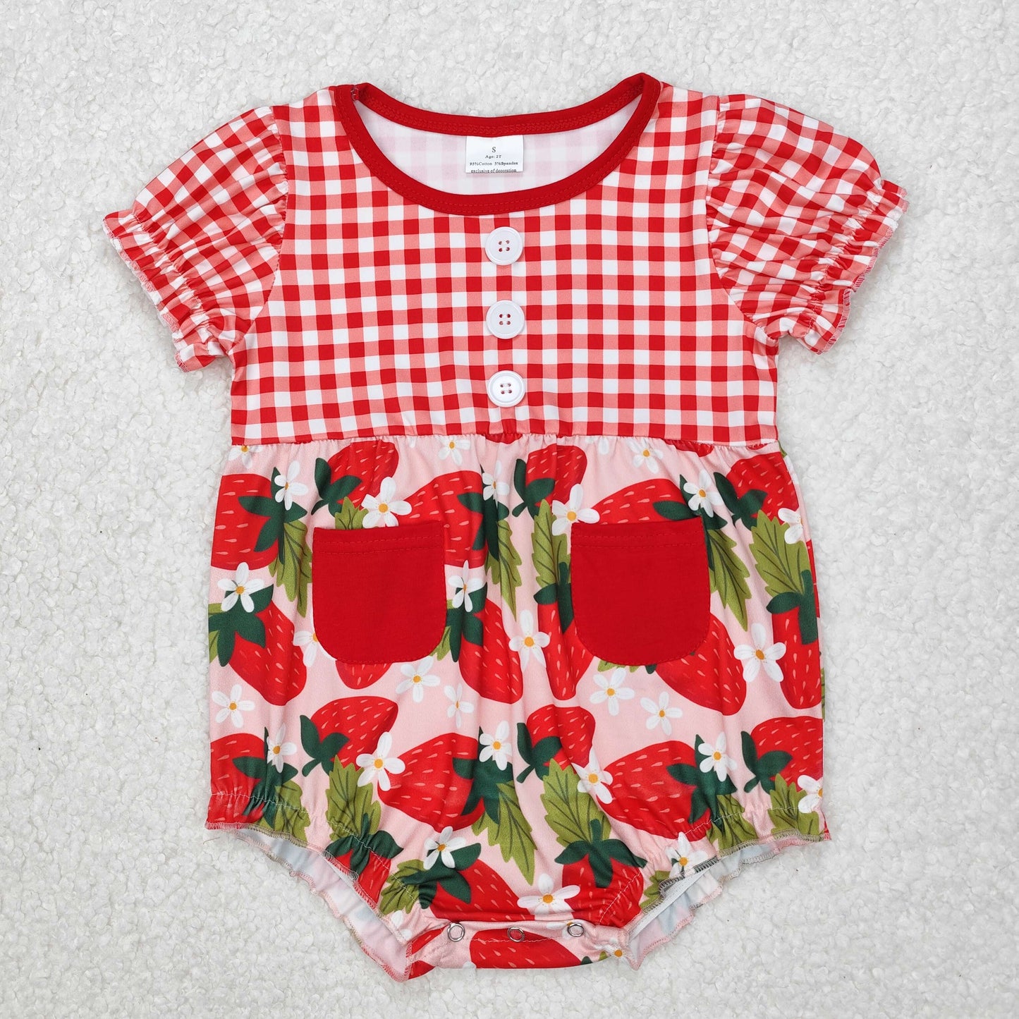 SR2307 red strawberry flowers checkered short sleeve girls romper