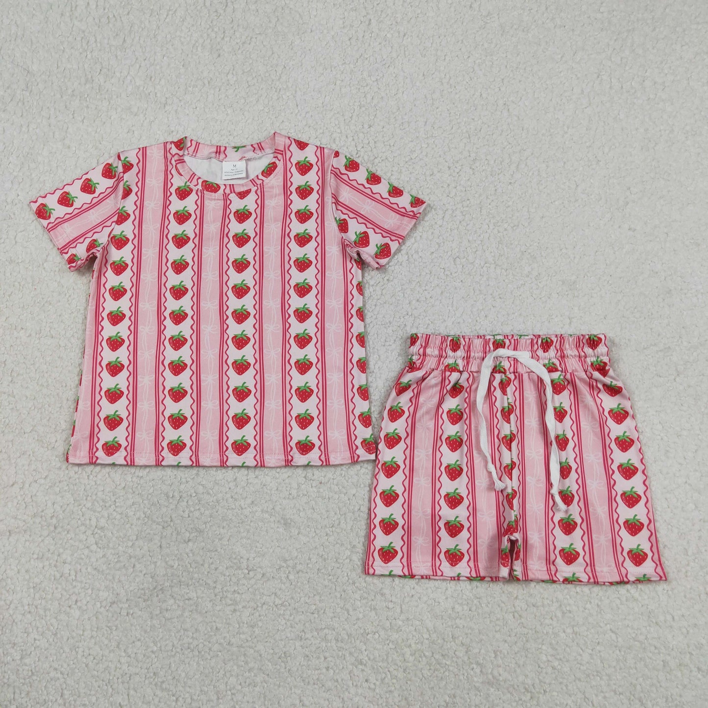 GSSO3649 Pink Strawberry Bows Short Sleeve Shorts Girls Set