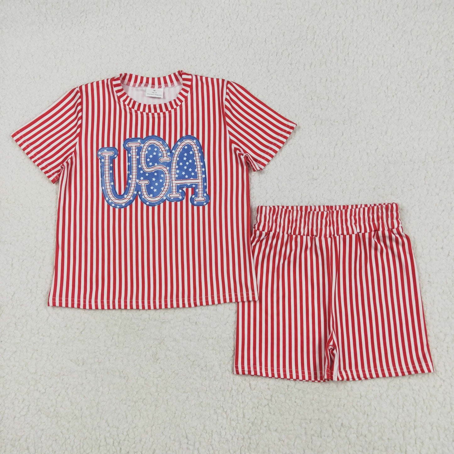 GSSO2577 July 4th USA red striped shrot sleeve shorts girls set