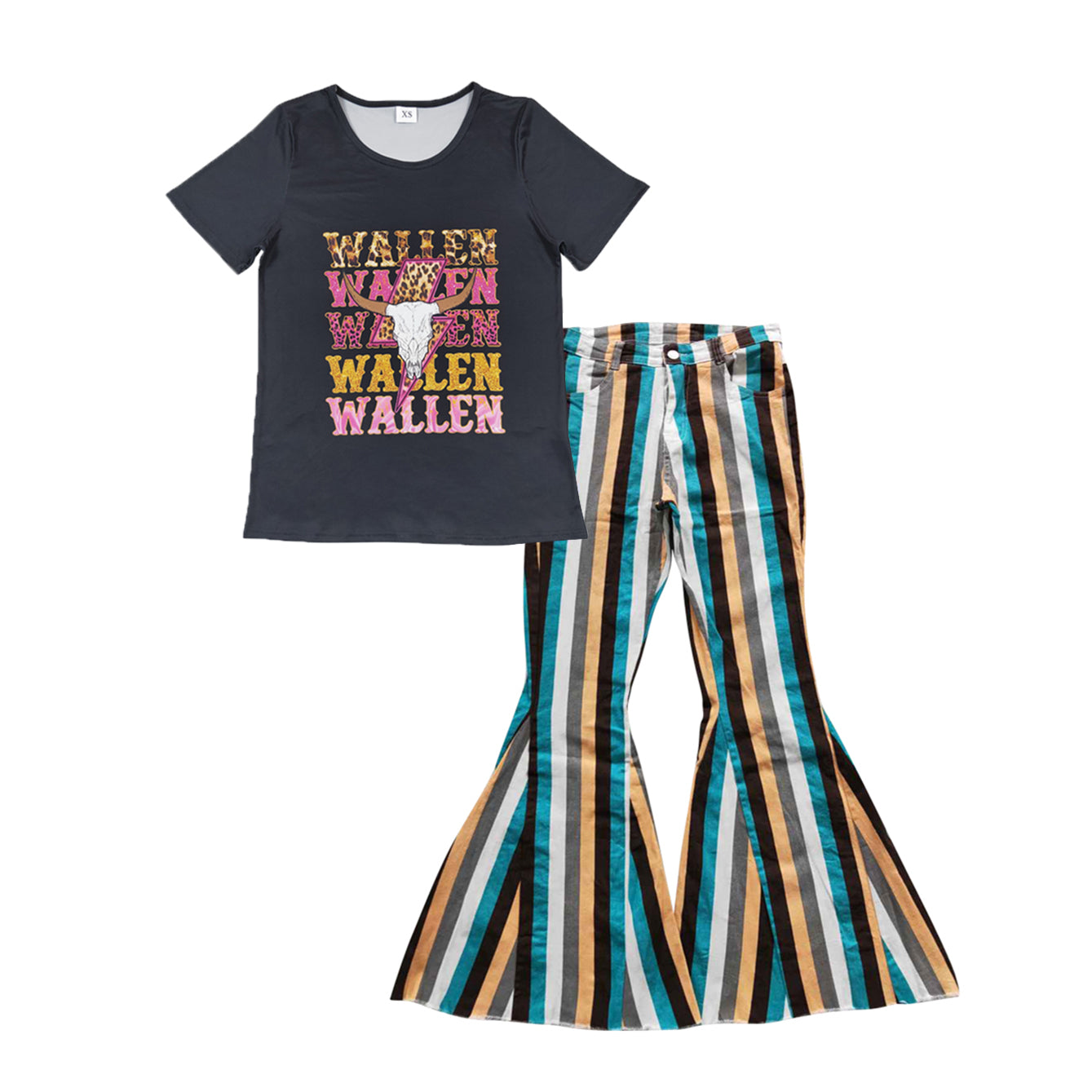 Wallen cow black short sleeve top blue yellow striped denim pants adult set