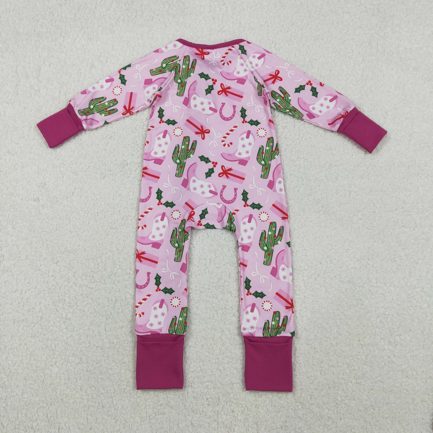 LR1742 Christmas Western cactus boot holly berry hot pink long sleeve zipper girls romper