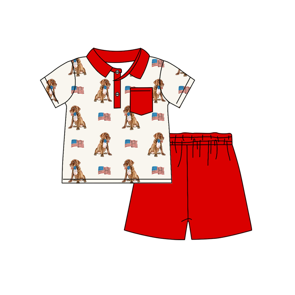preorder BSSO1488 July 4th flag dog pocket short sleeve red shorts boys set