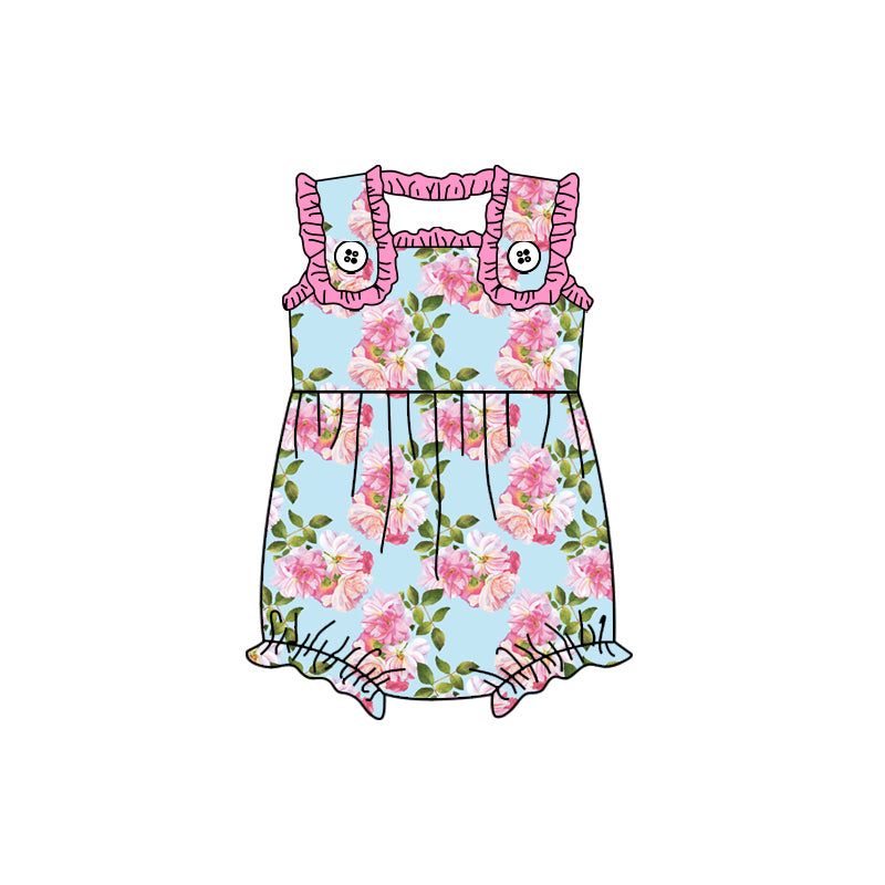preorder SR2103 watercolor flowers blue sleeveless ruffles girls romper