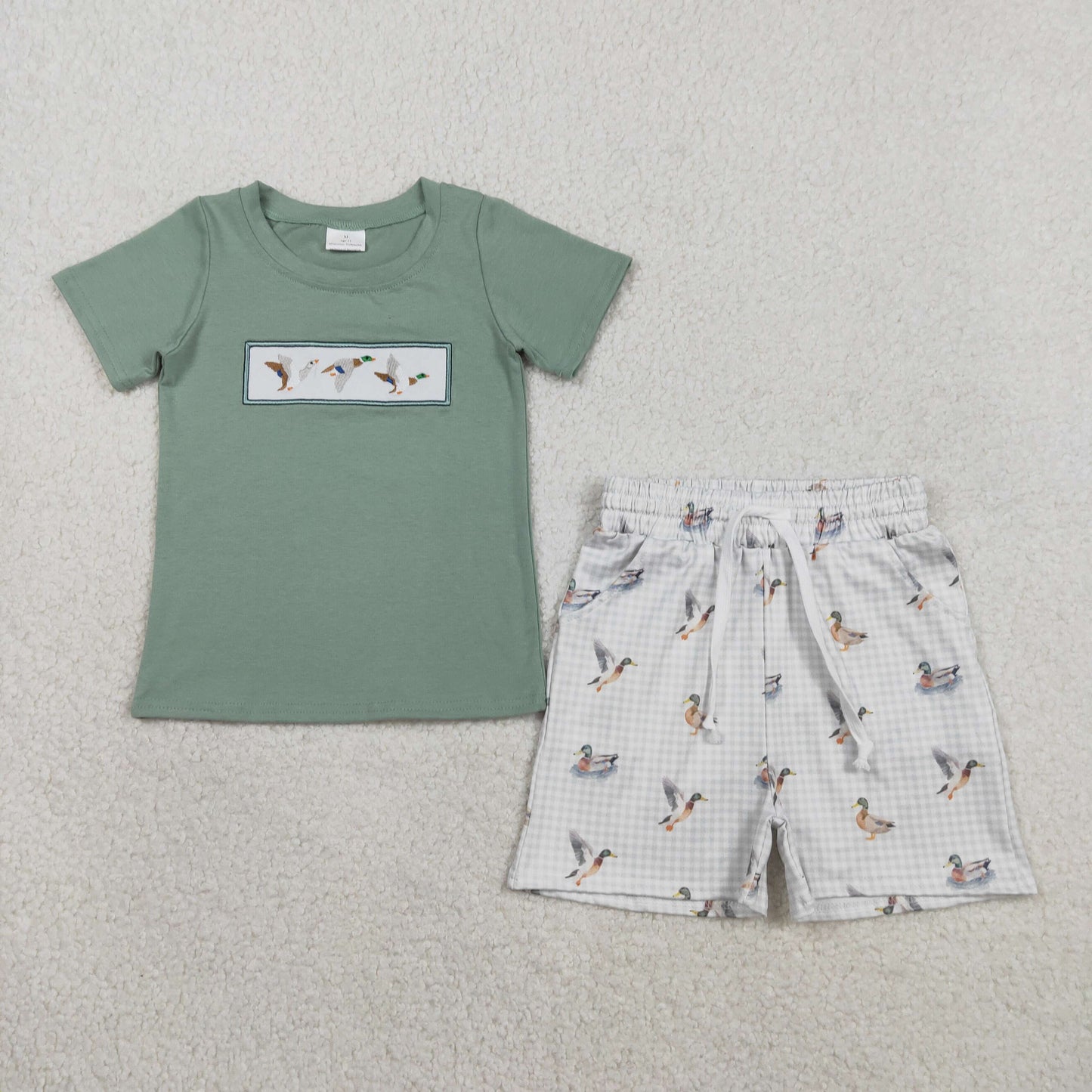 Embroidery BSSO1639 Hunting Mallard Duck Short Sleeve Checkered Shorts Boys Set