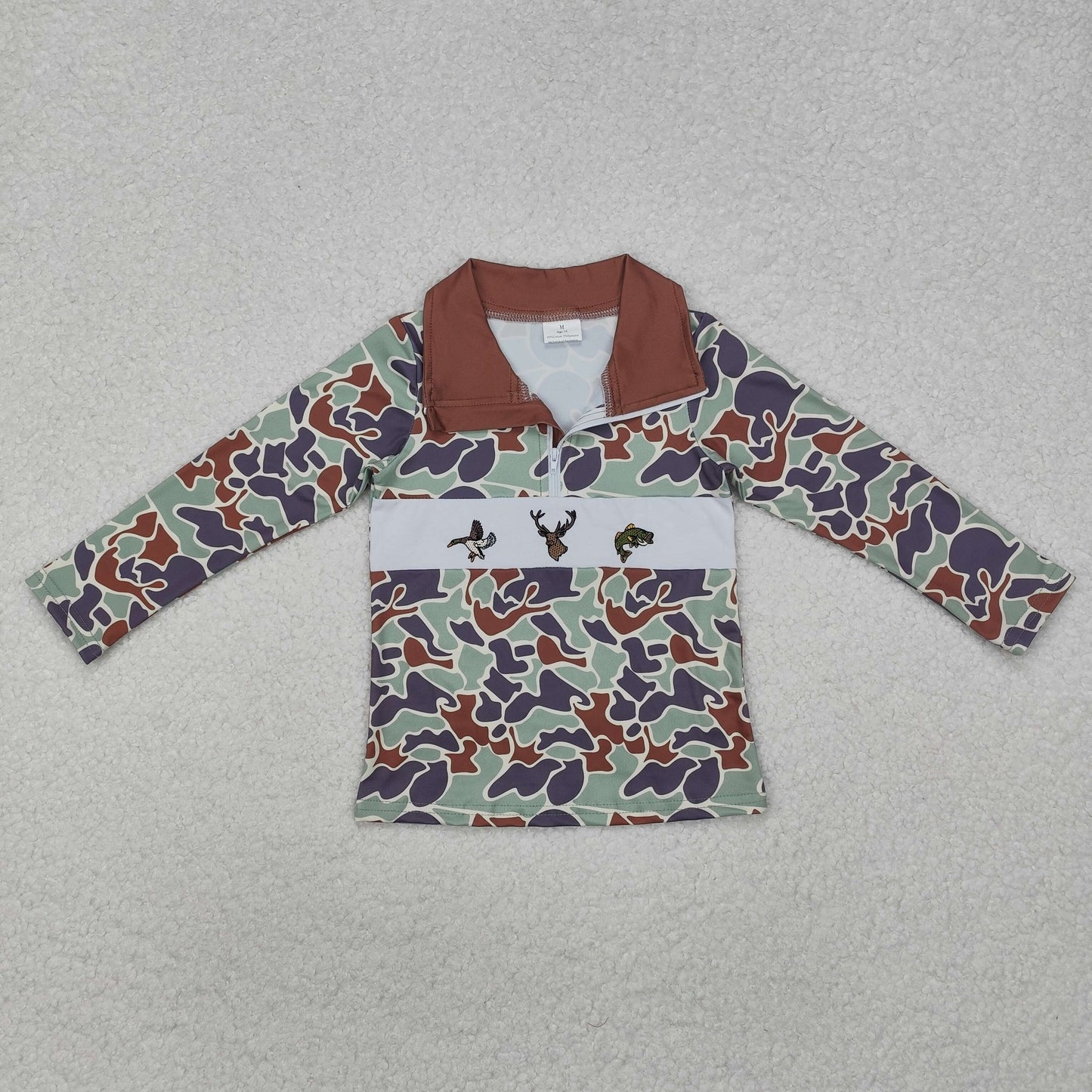 embroidery BT0902 hunting deer fishing mallard green camo zipper long sleeve boys pullover