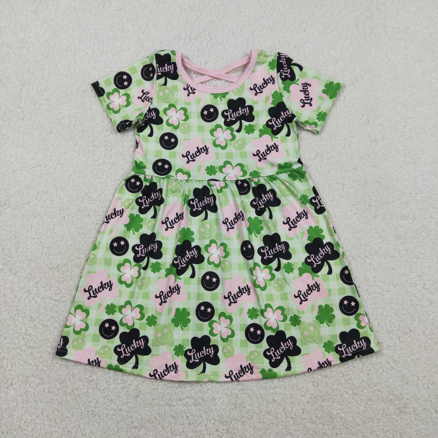 GSD2840 St Patrick lucky clover green pink short sleeve girls dress