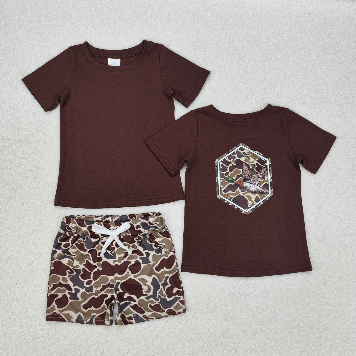 BSSO1061 hunting camo mallard duck brown short sleefve camo shorts boys set