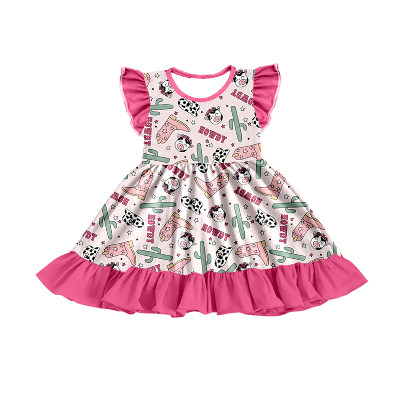 Preorder moq 3 Western Howdy Cow Boot Pink Short Sleeve Girls Dress