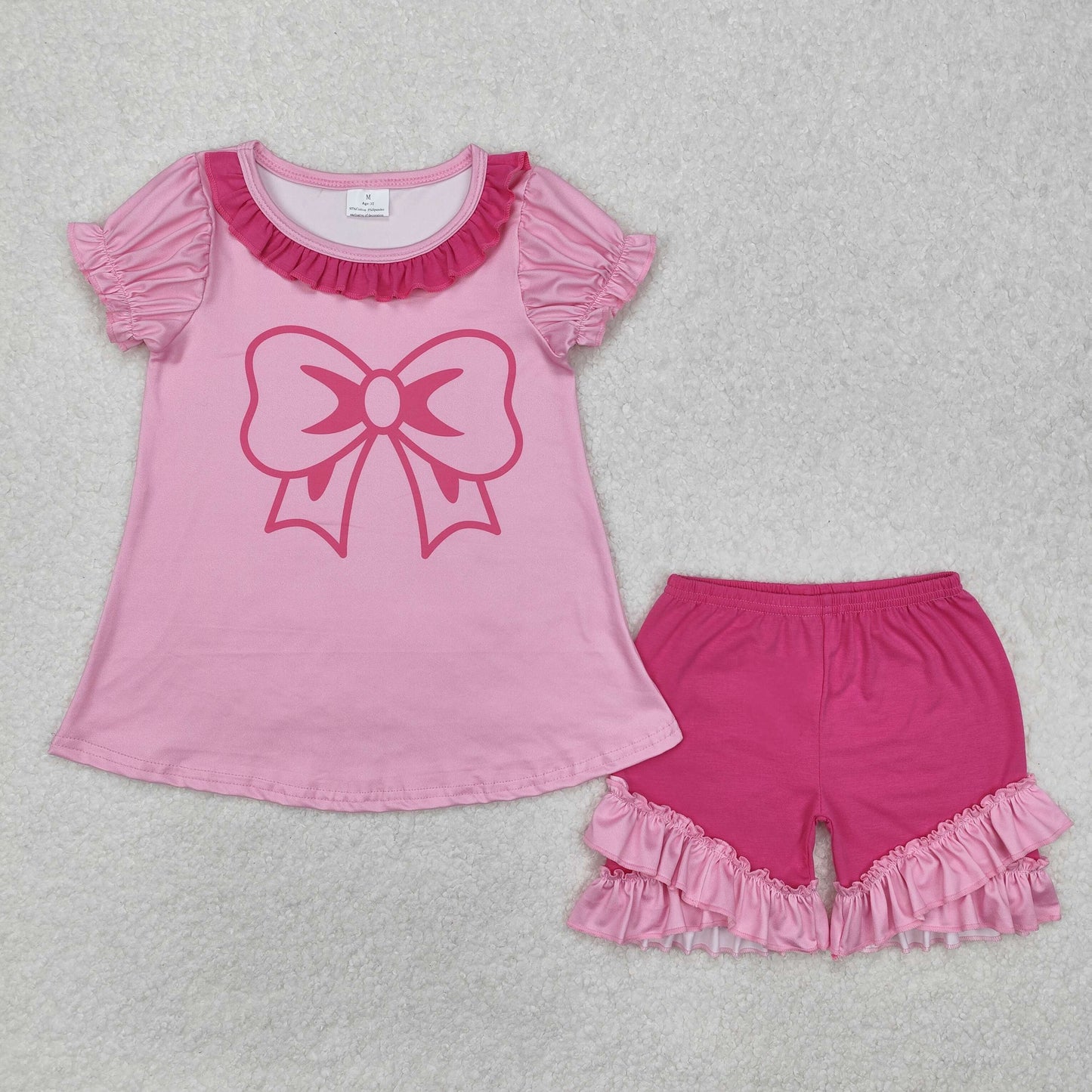 GSSO1531 cute bow hot pink short sleeve ruffles shorts girls set
