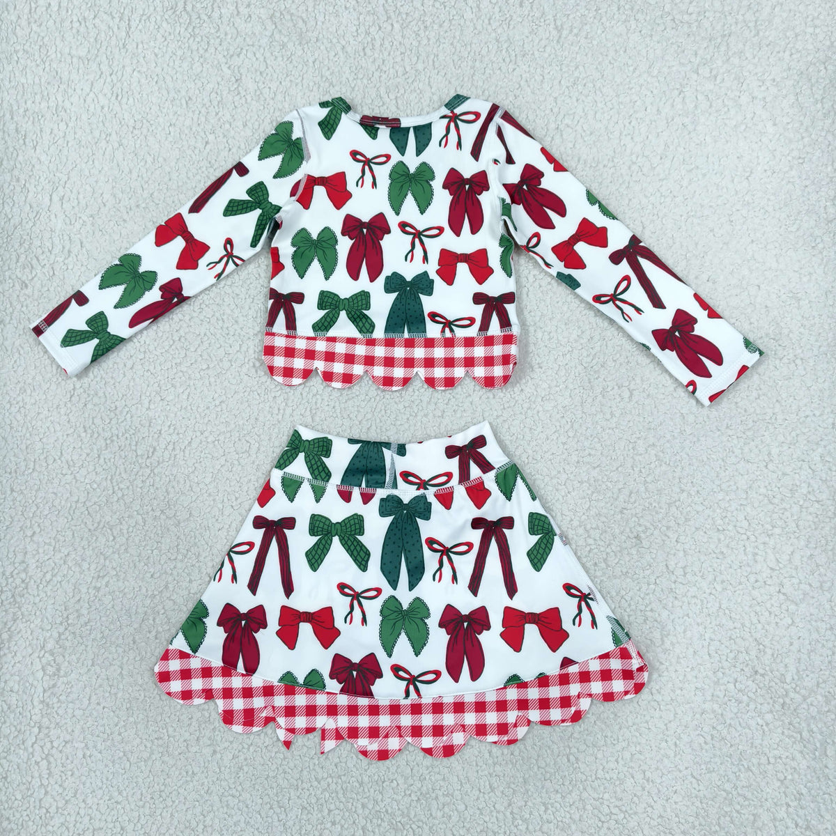 GLD1677 Yoga Scallop Christmas Bows Long Sleeve Bows Skorts Girls Set