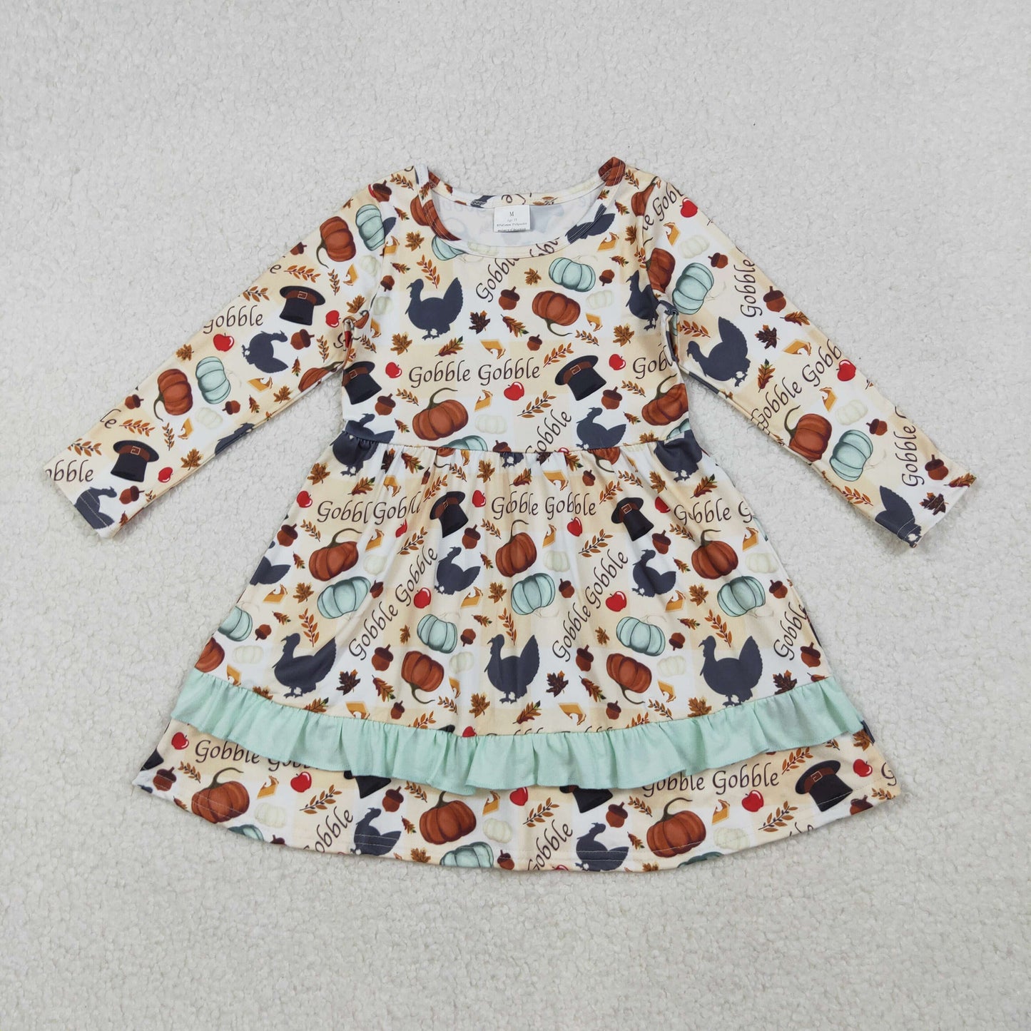 GLD0789 Thanksgiving turkey pumpkin long sleeve girls dress