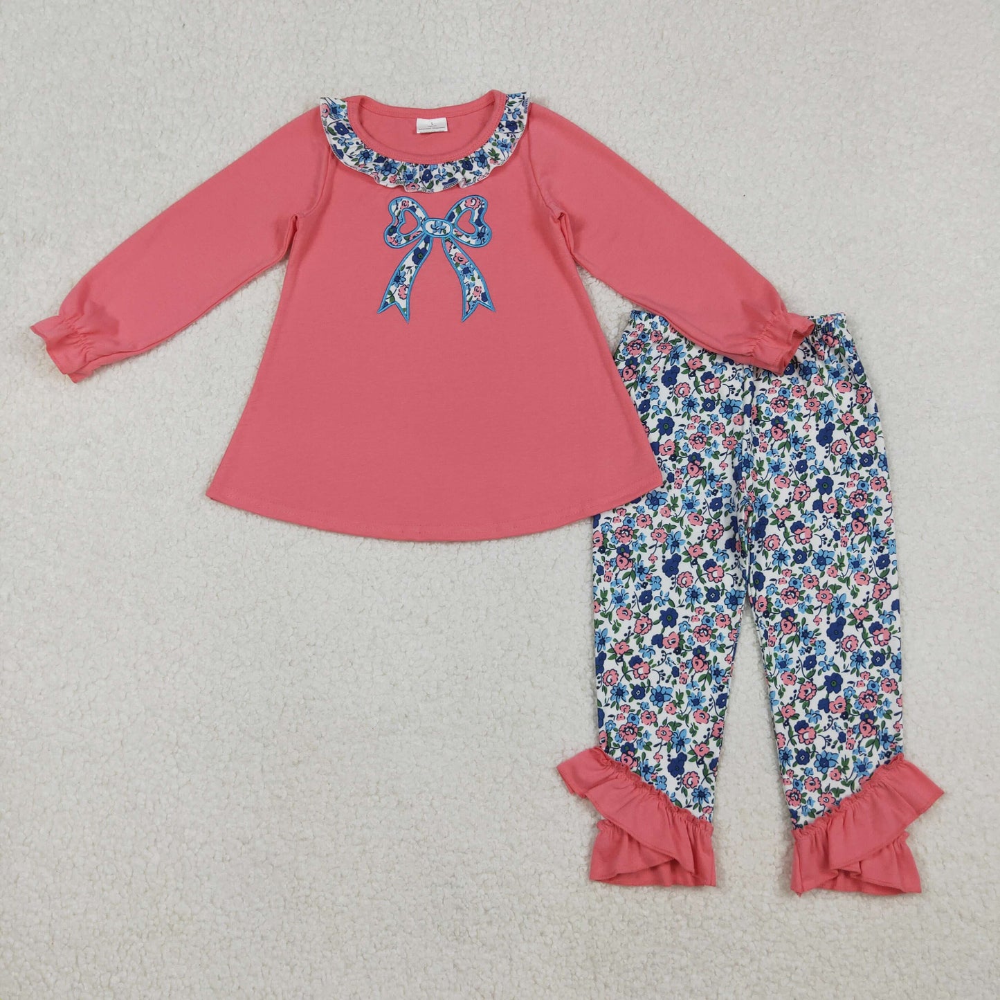 embroidery GLP2777 coquette bows pink long sleeve colorful flowers floral pants girls set
